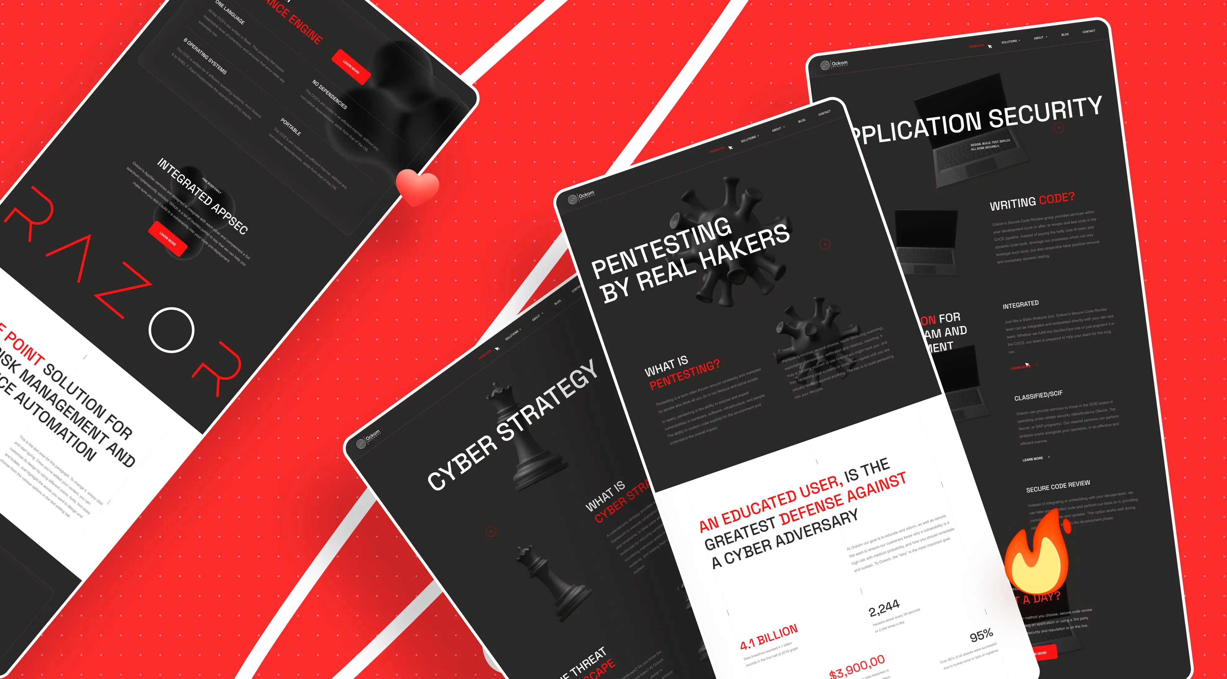 Image of multiple web pages showcasing cybersecurity services including pentesting, application security, and risk management, against a red backdrop.