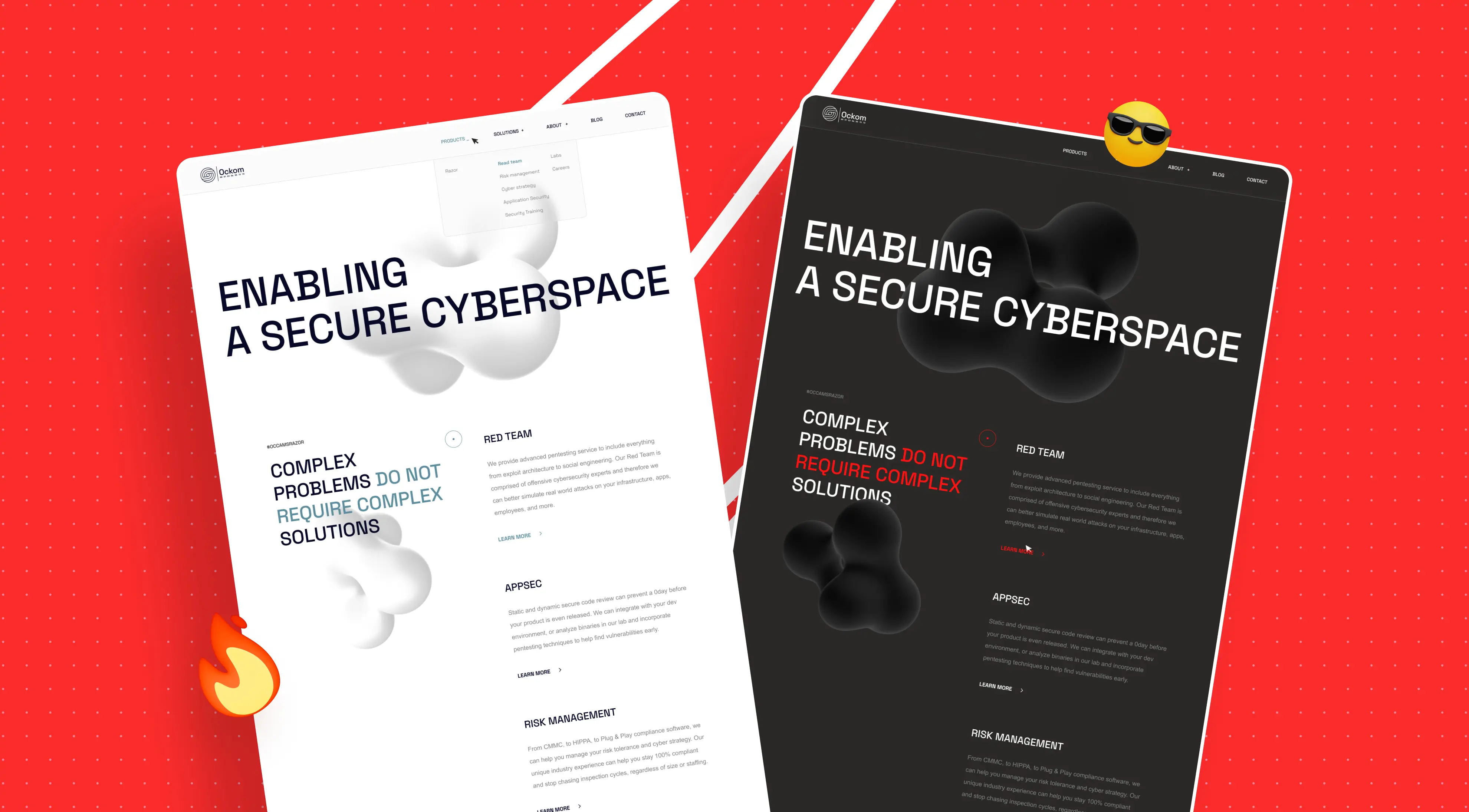 A split-screen graphic featuring two sleek websites with the tagline “Enabling a Secure Cyberspace” against a red background.