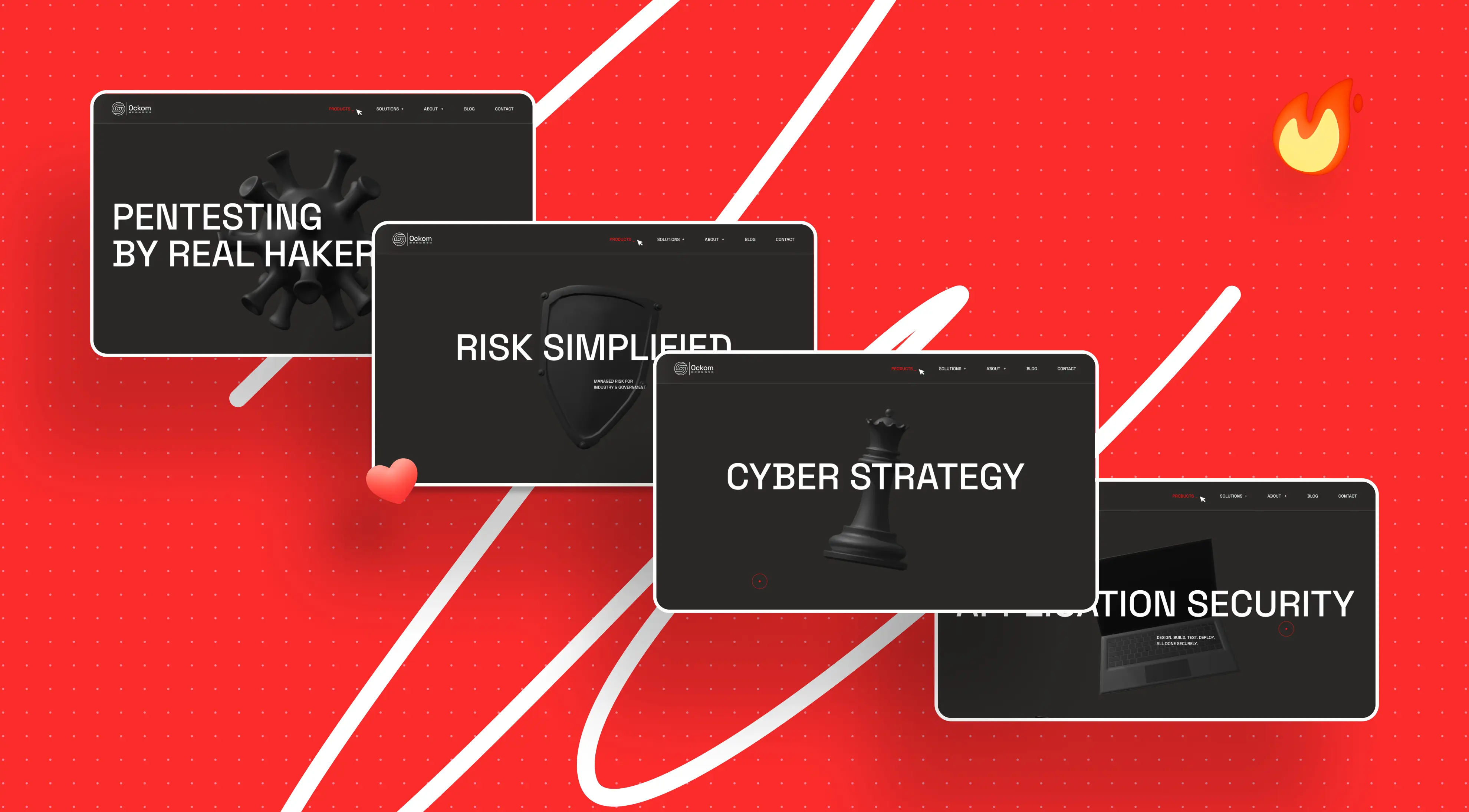 Four computer screens display cybersecurity services: "Pentesting by Real Hackers," "Risk Simplified," "Cyber Strategy," and "Application Security," on a vibrant red background.