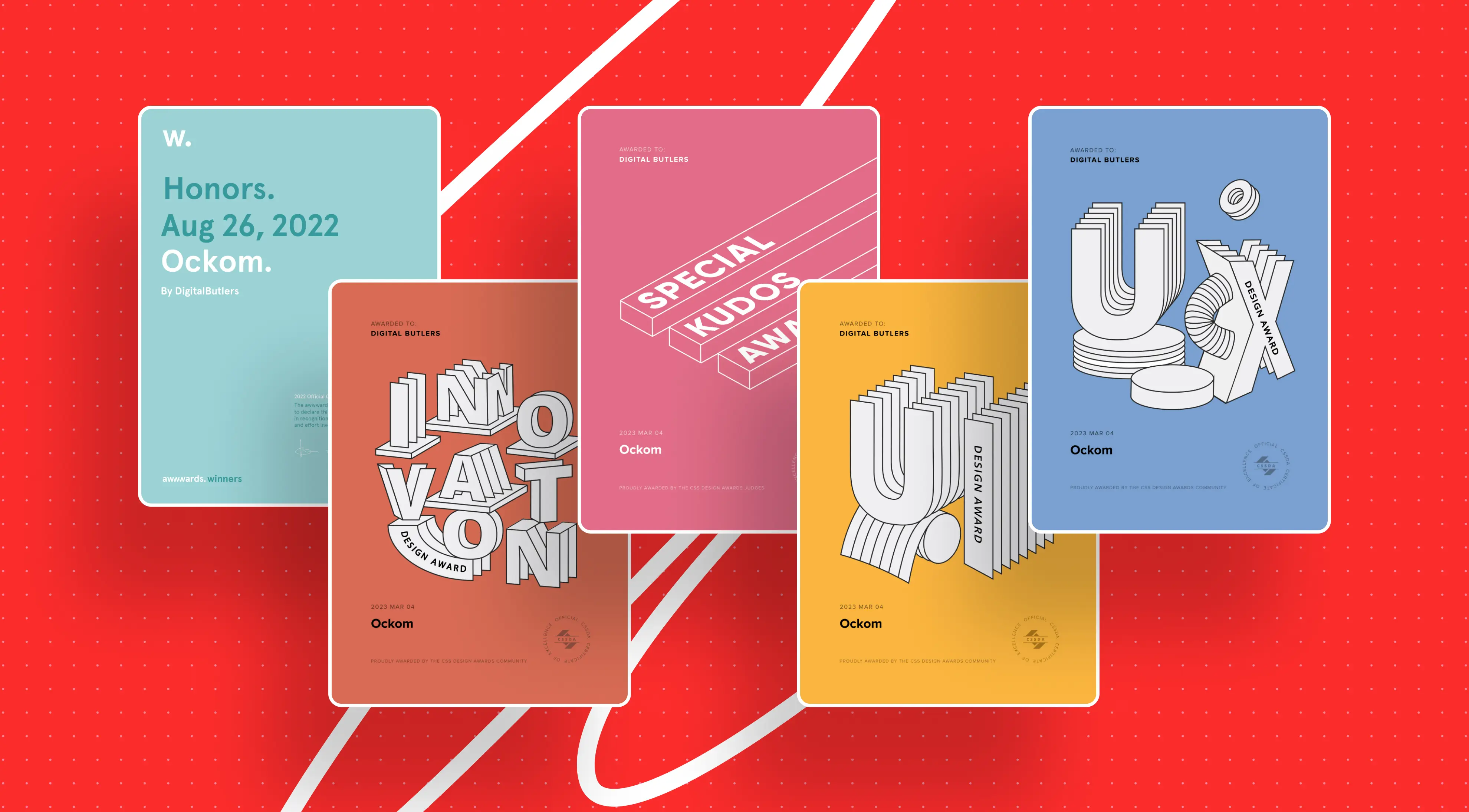 A collage of colorful award certificates for Digital Butlers, highlighting honors in design and innovation, set against a red background.