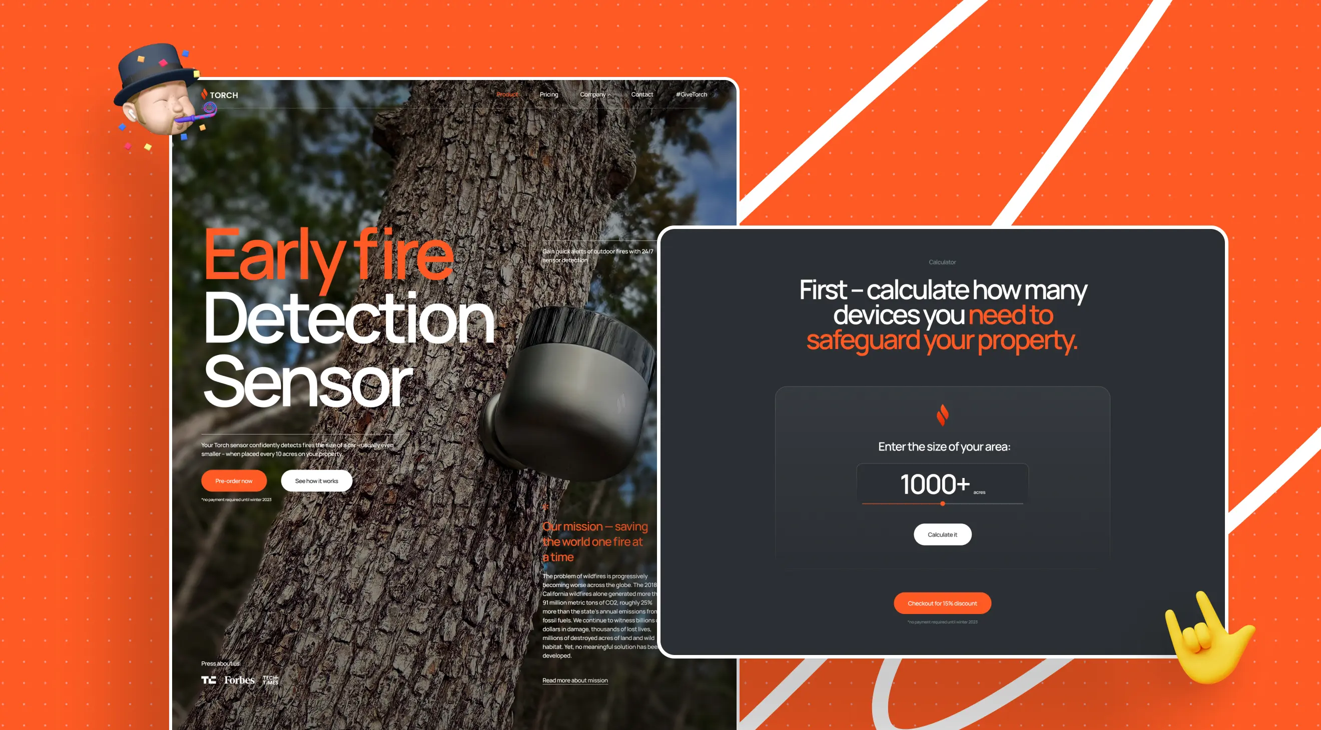 A tree with a modern fire detection sensor attached, accompanied by a digital calculator for determining property protection needs.