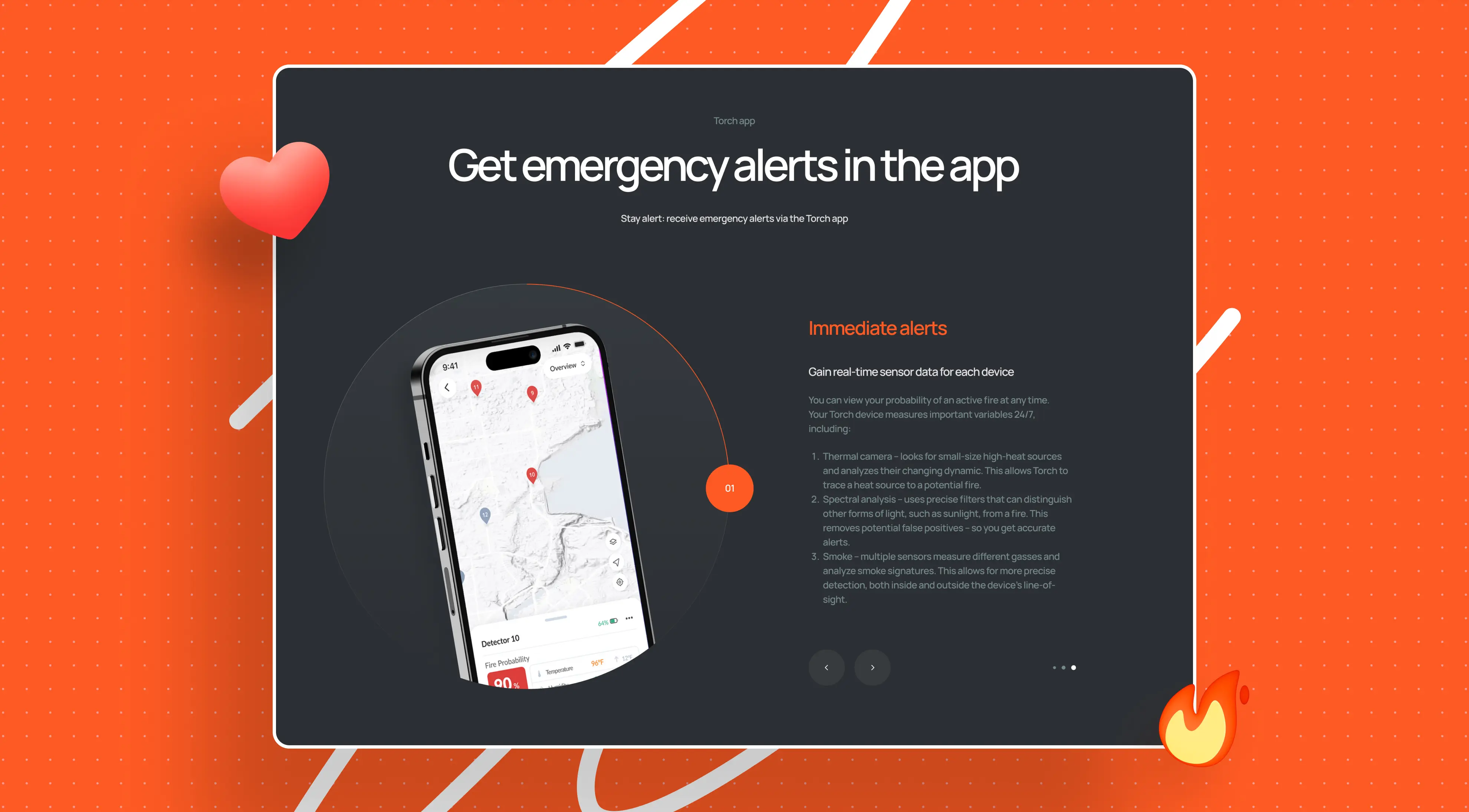 Image of a smartphone displaying a map with fire detection alerts and analytics, set against an orange background, promoting Torch app services.