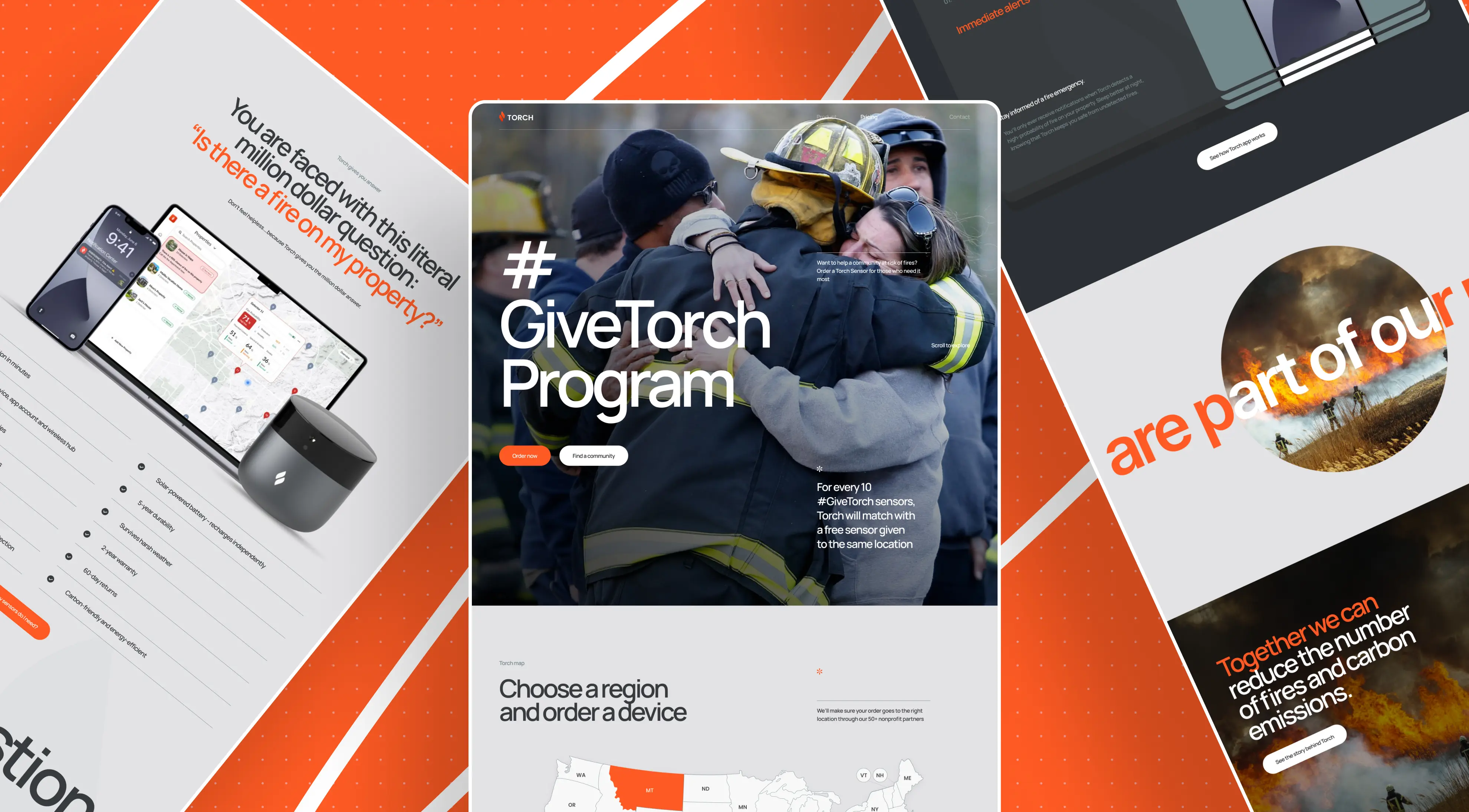 Image features a digital interface showcasing the #GiveTorch Program, promoting fire safety with engaging visuals and informative text.