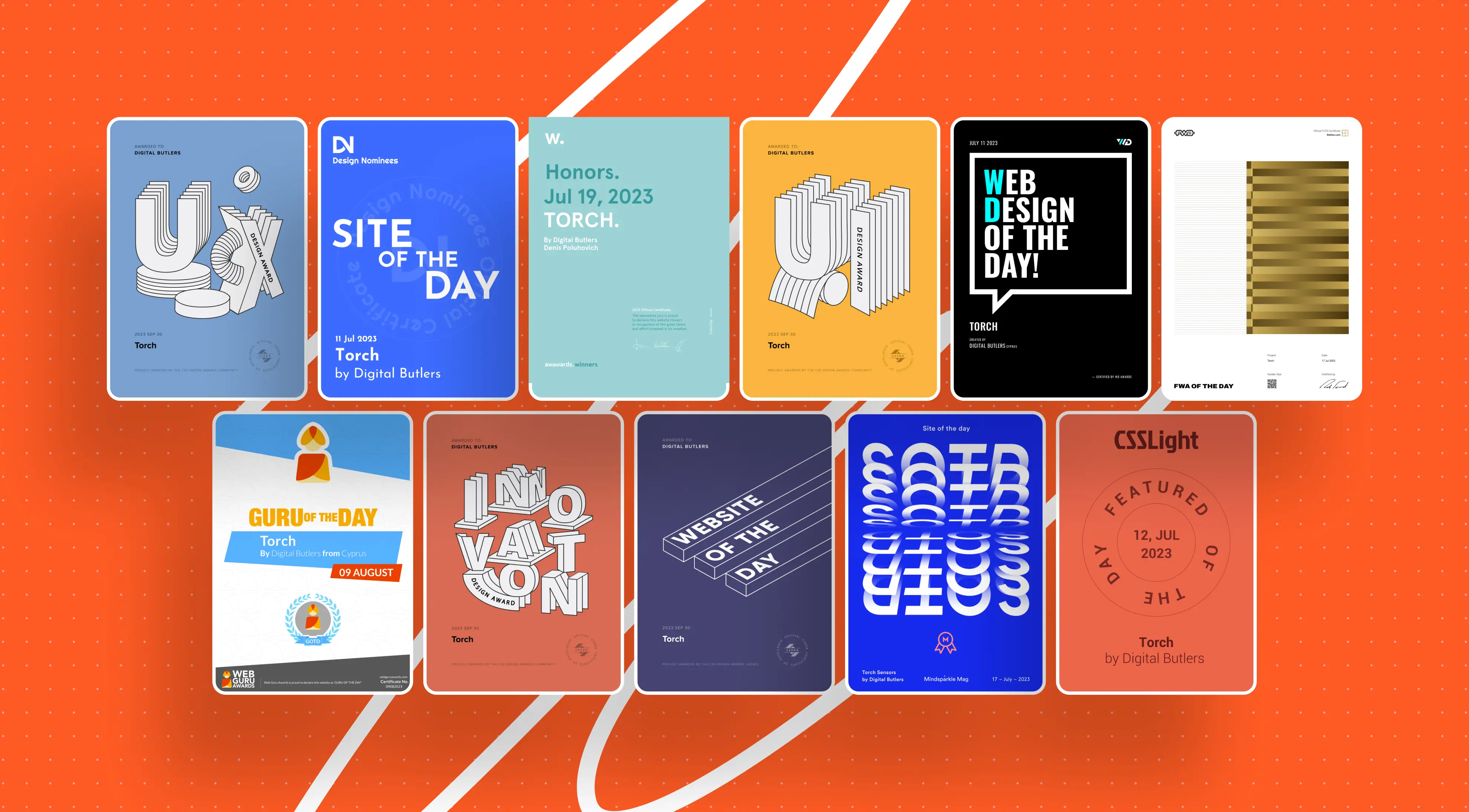 A vibrant collage of design awards and accolades for Digital Butlers, showcasing various 'Site of the Day' and 'Guru of the Day' recognitions.