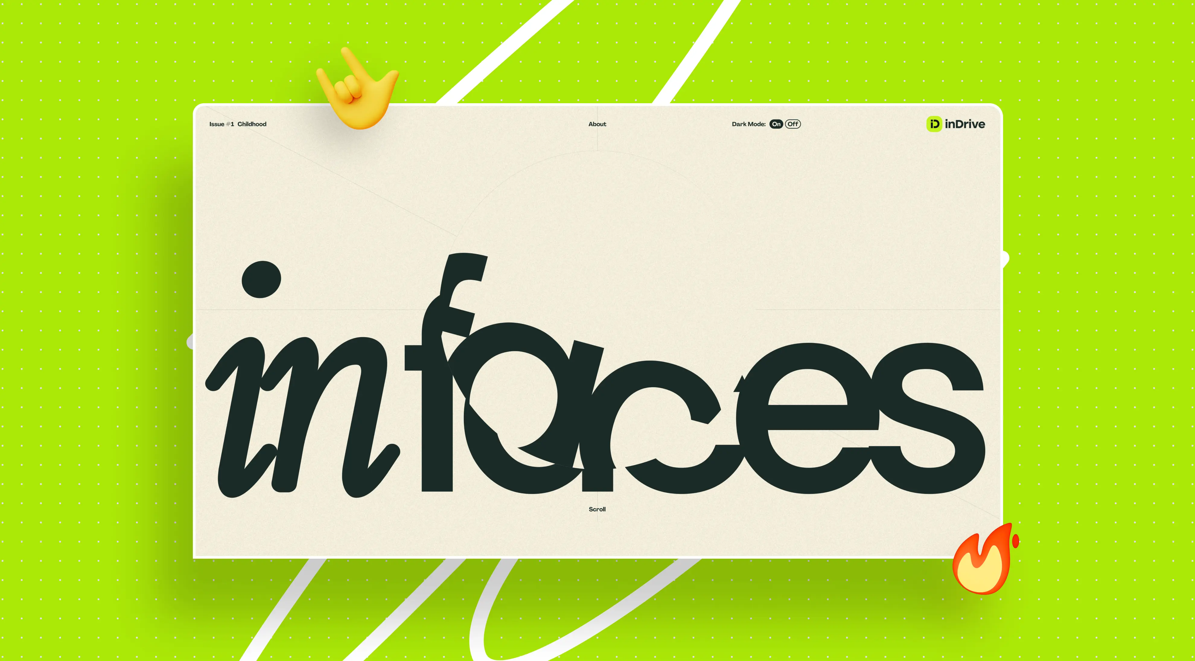 A colorful digital design featuring bold text "infaces" on a light background, with playful icons on a vibrant green backdrop.