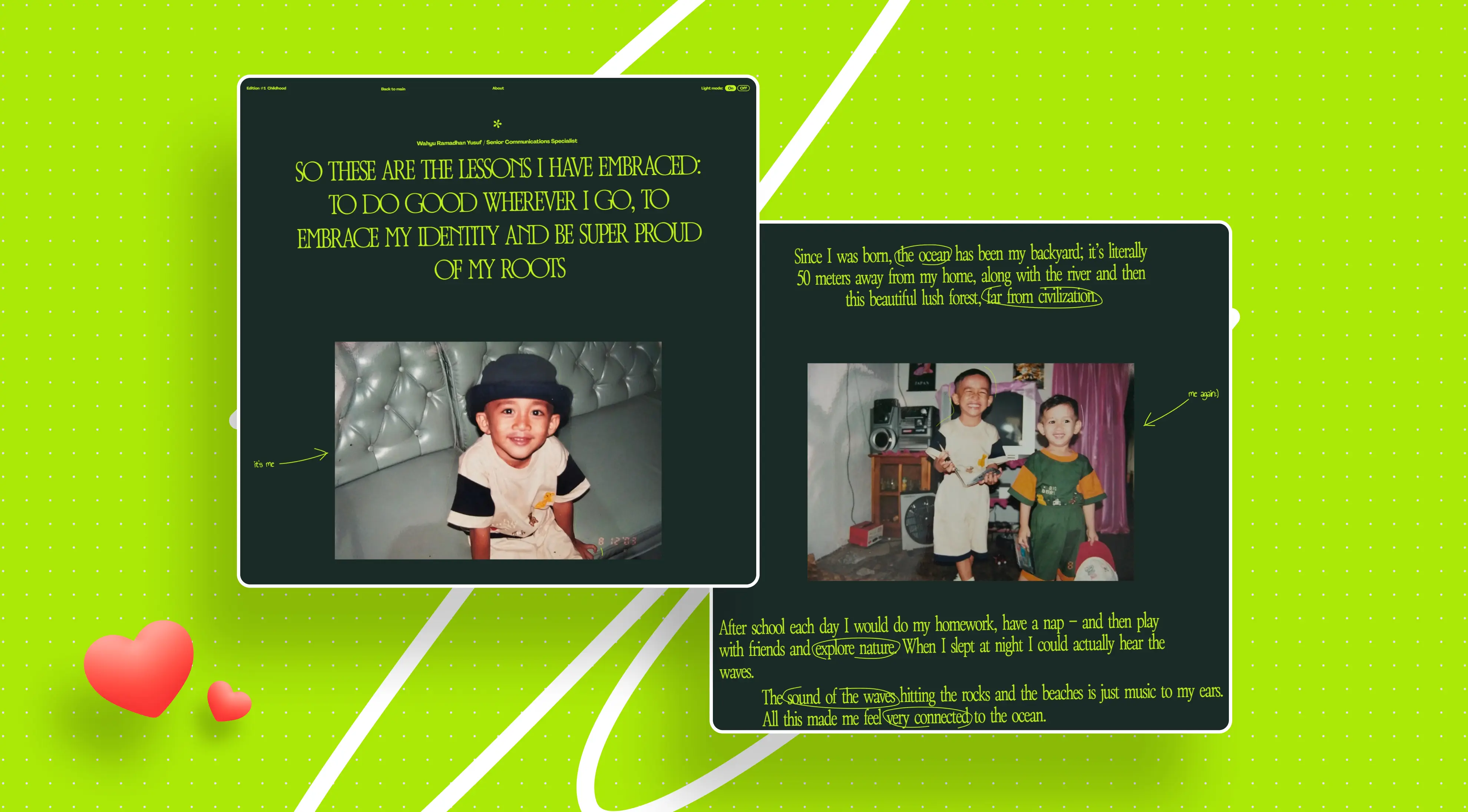 A collage of childhood photos illustrating a personal story about embracing identity and connection to nature. Green polka dot background.