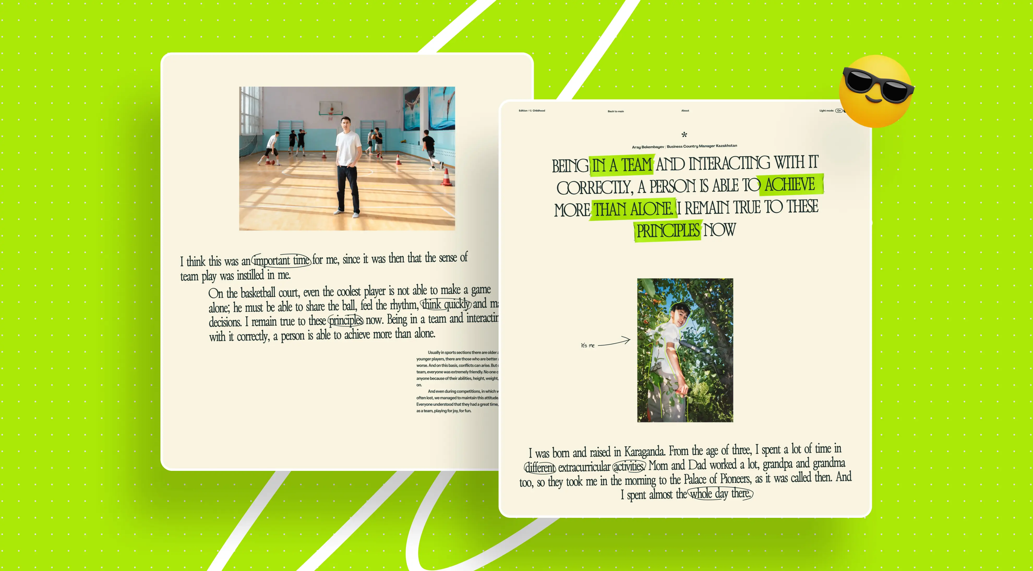 Two pages from a book or magazine are displayed, featuring text with some phrases highlighted in green, over a green background with a sunglasses emoji.