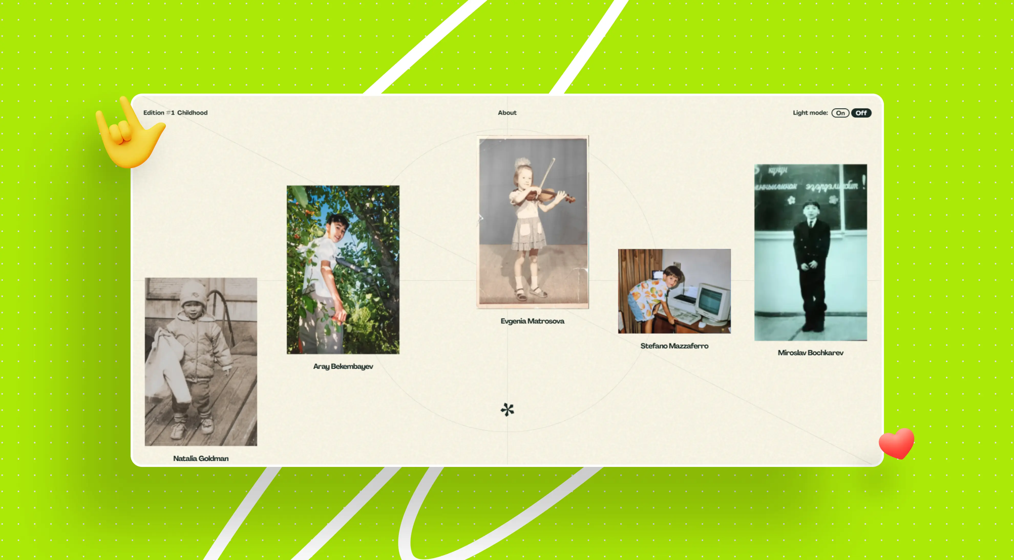 A digital collage of five childhood photos of different people is displayed on a website with a bright green background and graphic elements.