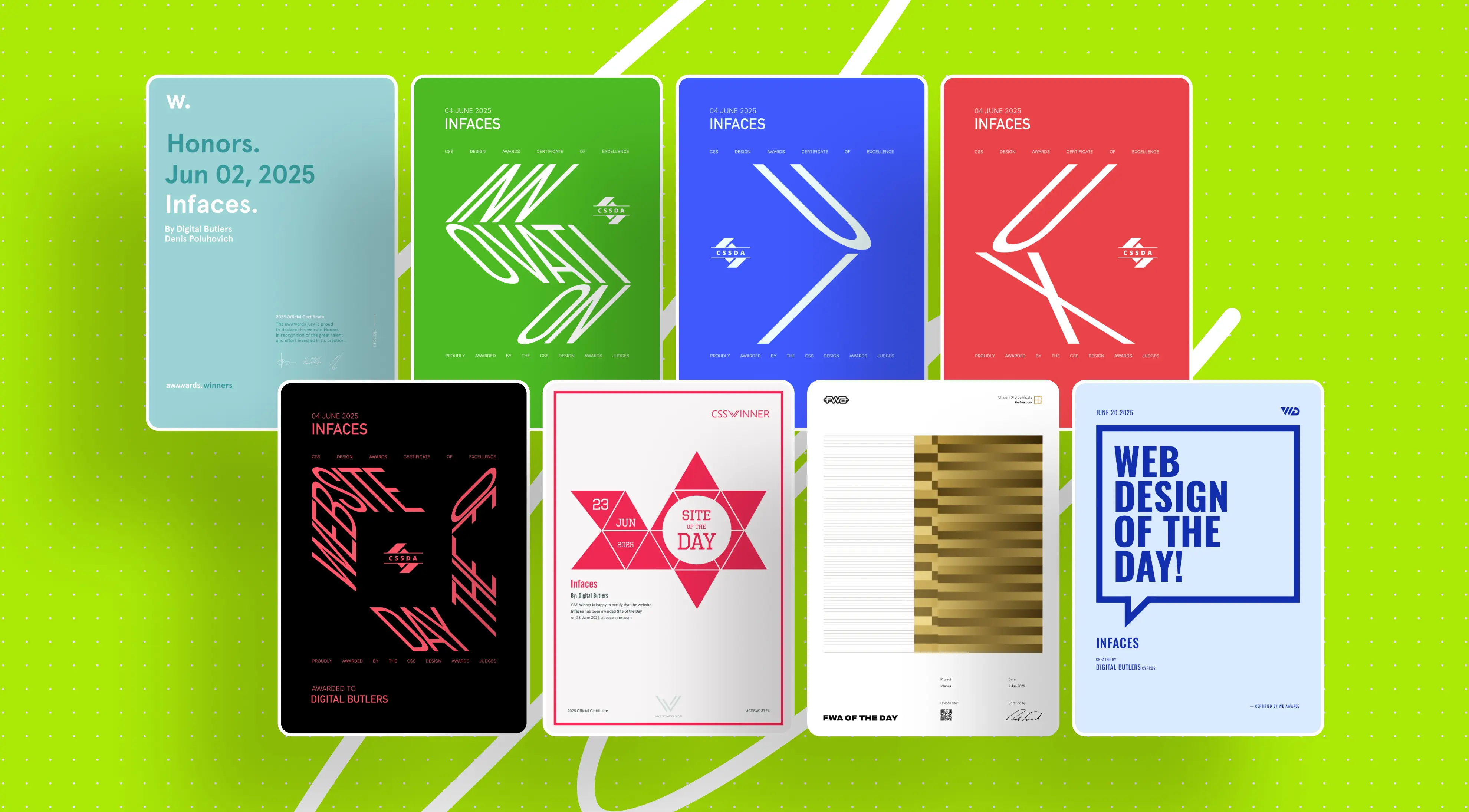A collage of eight colorful certificates on a lime green background, featuring awards for web design achievements with various geometric and textual elements.