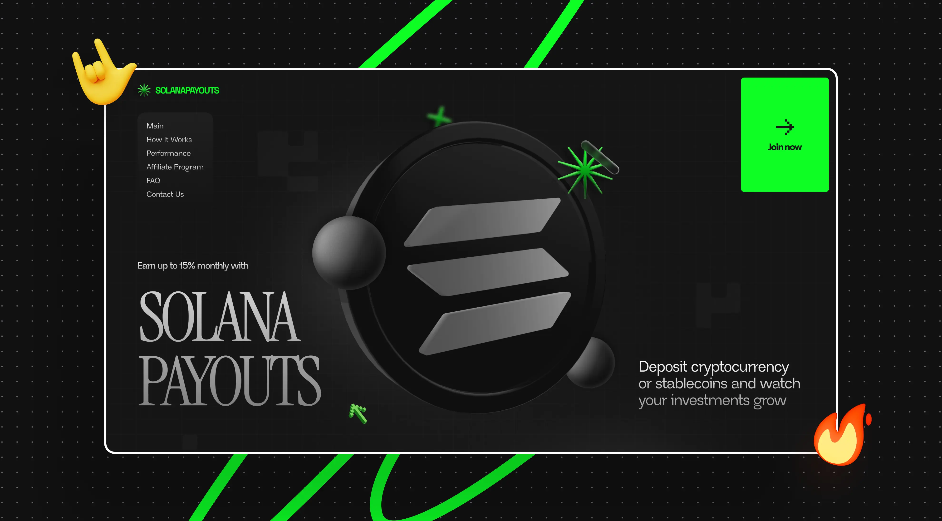 A sleek webpage with a black background features the Solana logo. Text reads “Earn up to 15% monthly with Solana Payouts.” A bright green "Join Now" button is on the right. Playful hand and fire emojis add a dynamic touch.