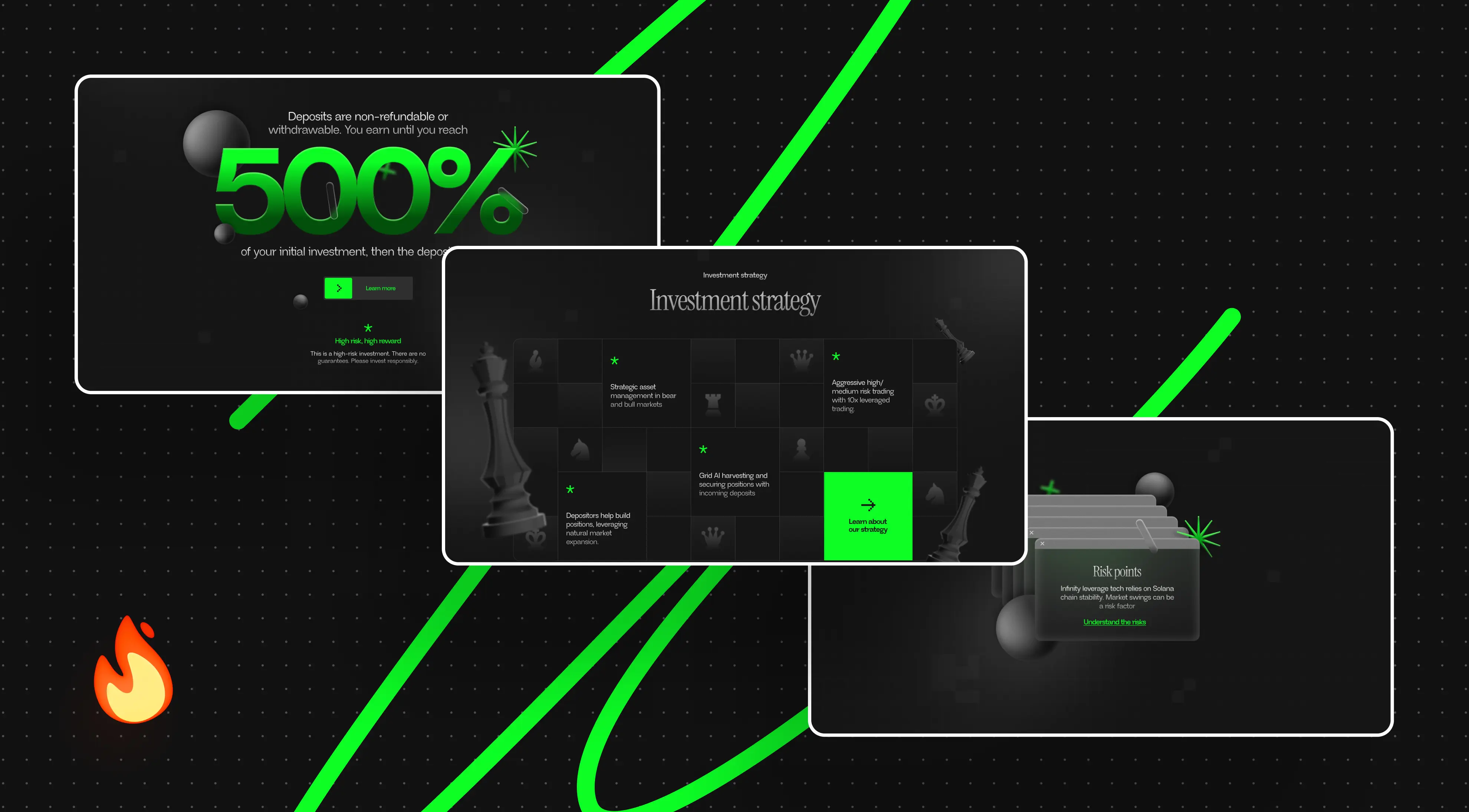 Alt text: "A sleek graphic on a black and green background explains a process in three steps. Step 1: Deposit cryptocurrency. Step 2: Earn up to 15% monthly returns. Step 3: Receive monthly payouts in USDT. A small red heart is visible at the bottom right, adding a positive tone."