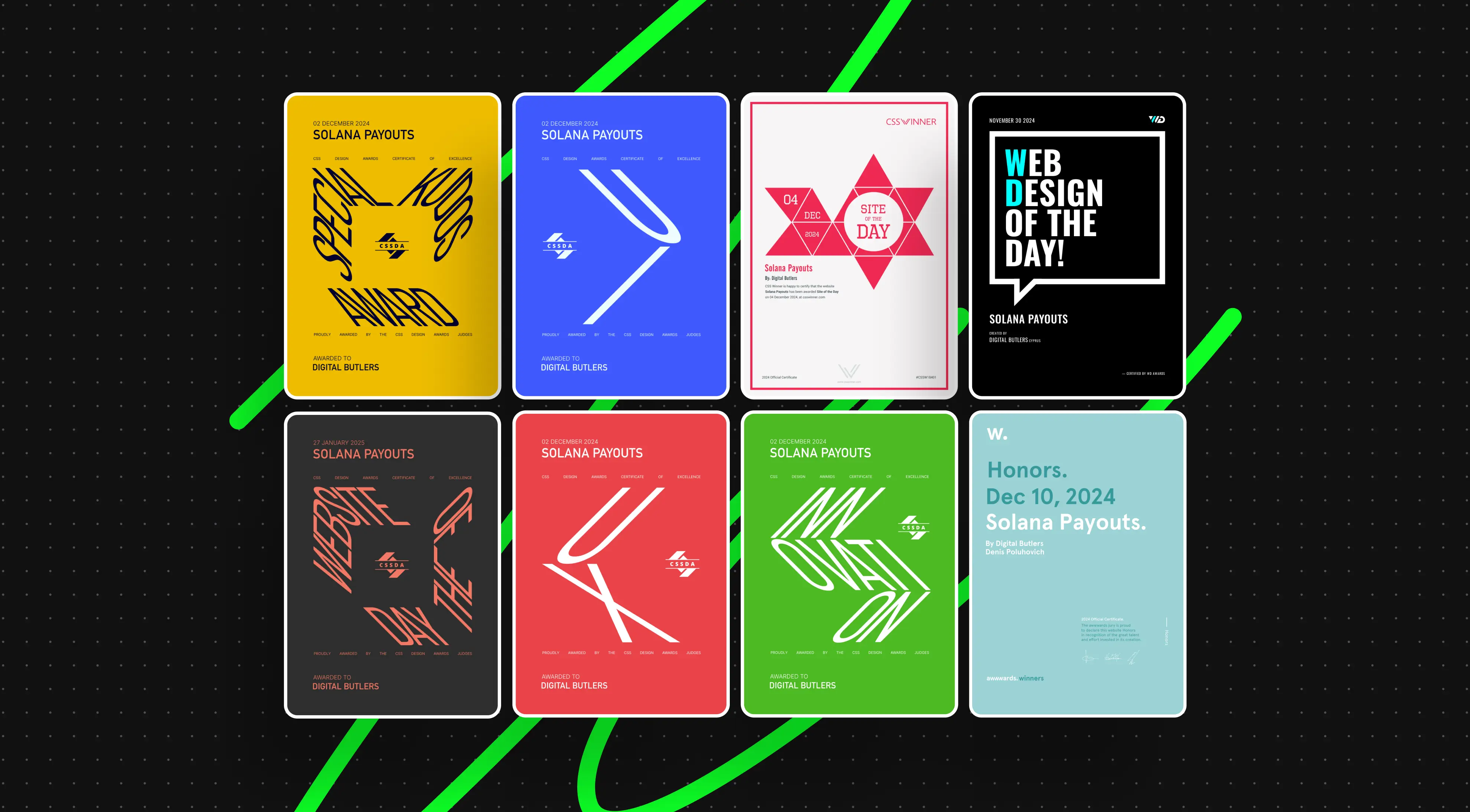 Seven colorful posters in a grid on a black dotted background with green diagonal stripes. Posters feature text and graphics highlighting design awards and recognitions, creating a modern and dynamic feel.