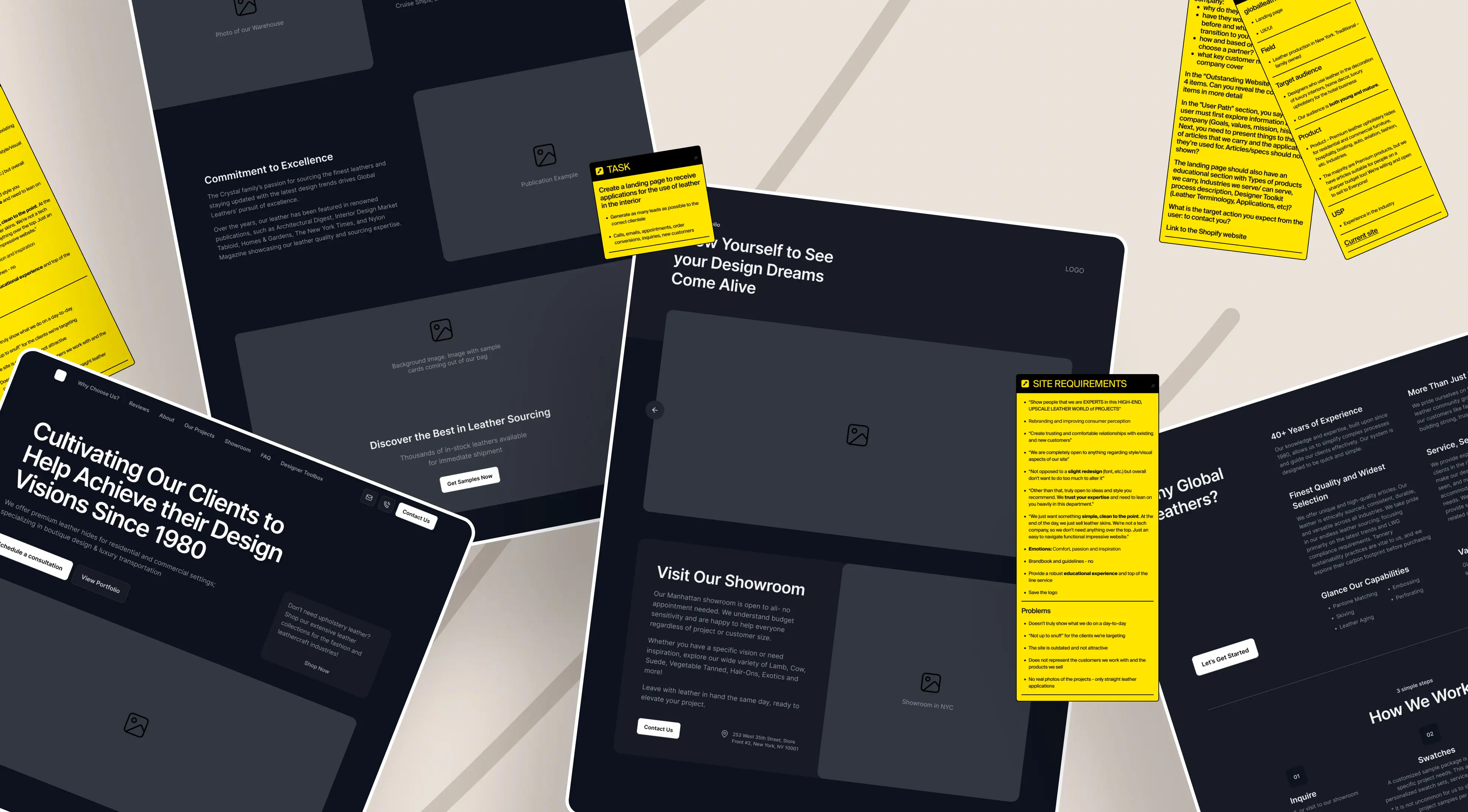 Collage of website mockups and design notes focused on leather sourcing and design, featuring dark themes and vibrant yellow highlights.