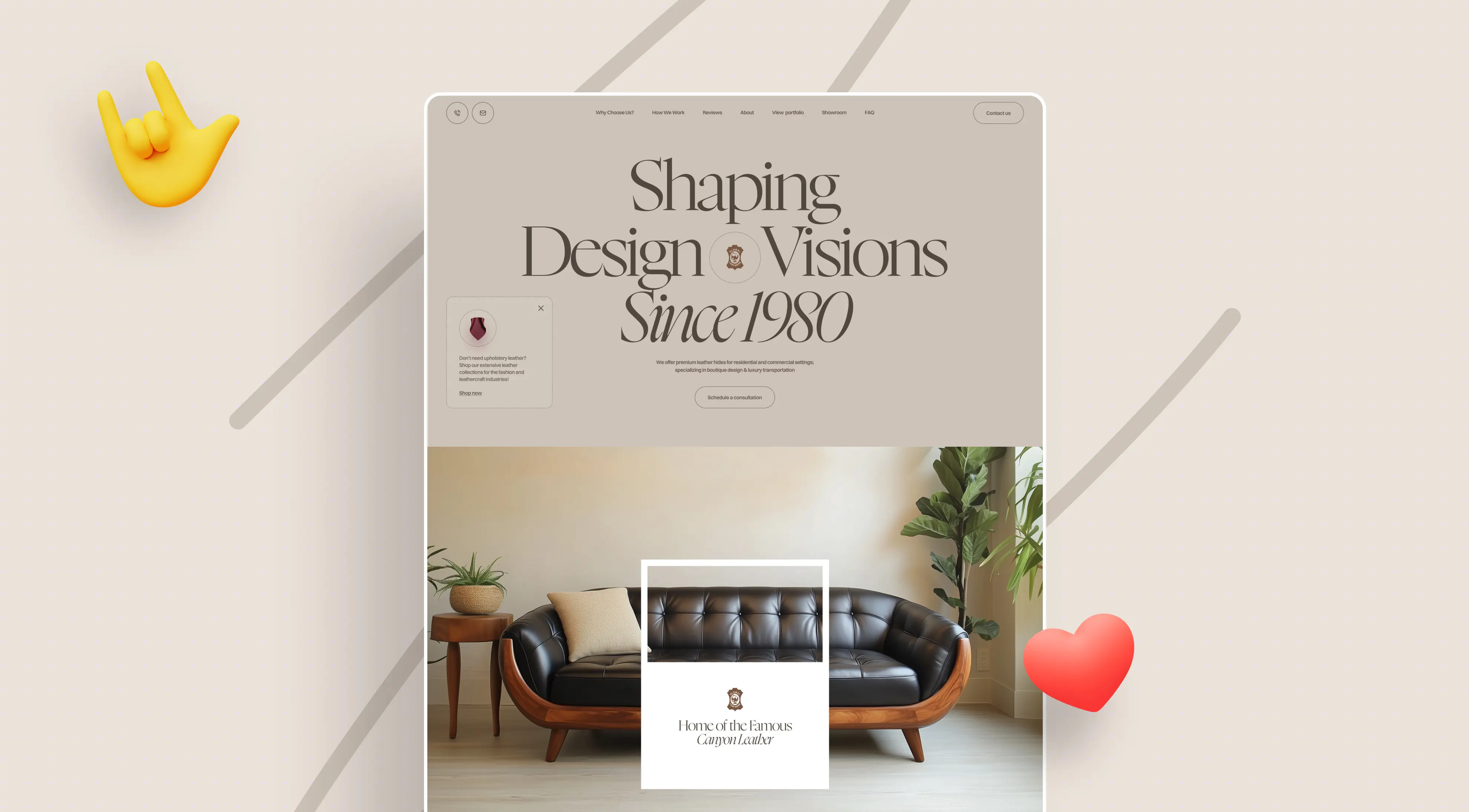 A stylish webpage featuring a leather sofa and plant, with a slogan about design since 1980 and playful emojis in the corner.