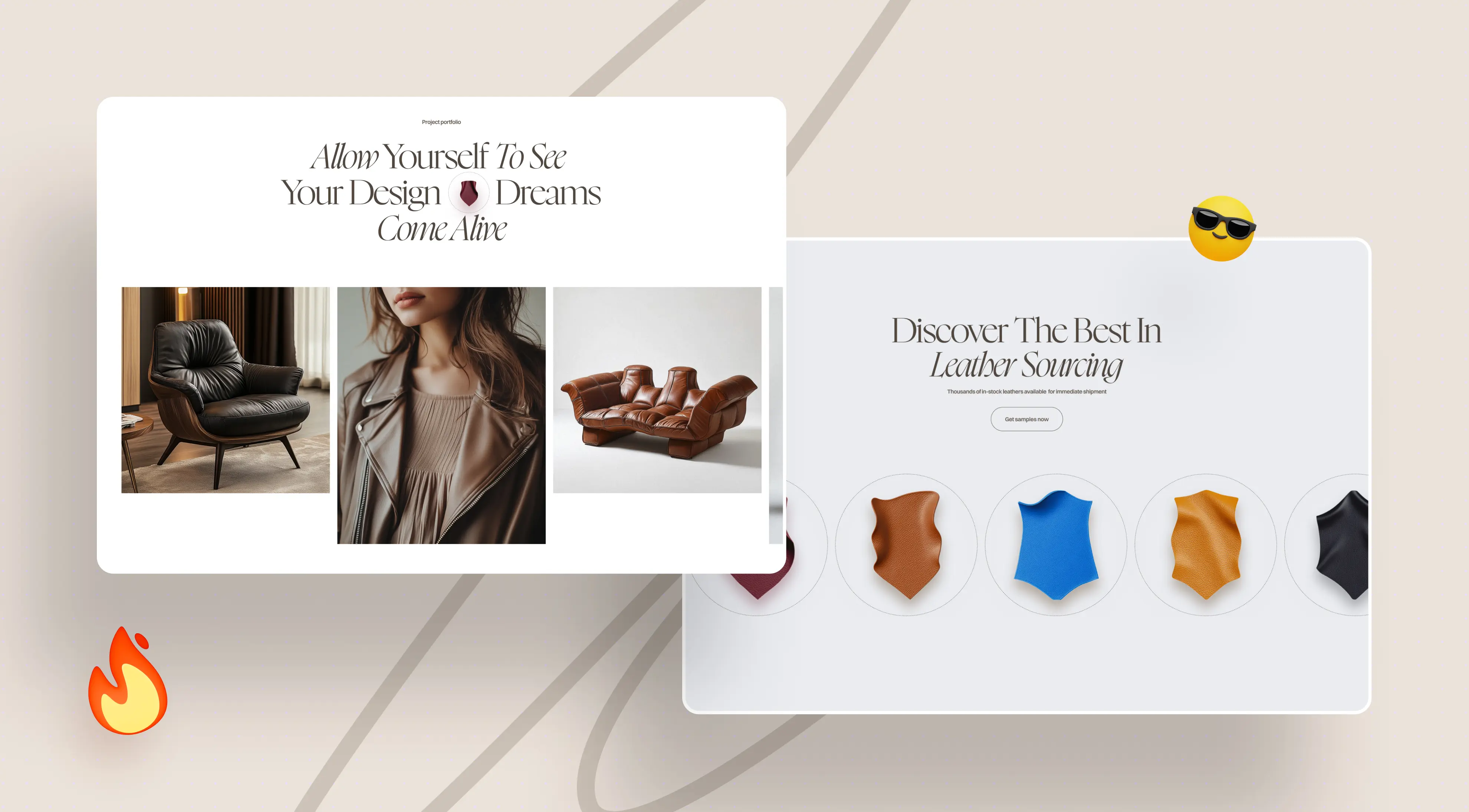 A digital design portfolio showcasing stylish leather furniture and various leather swatches on a clean, modern background.