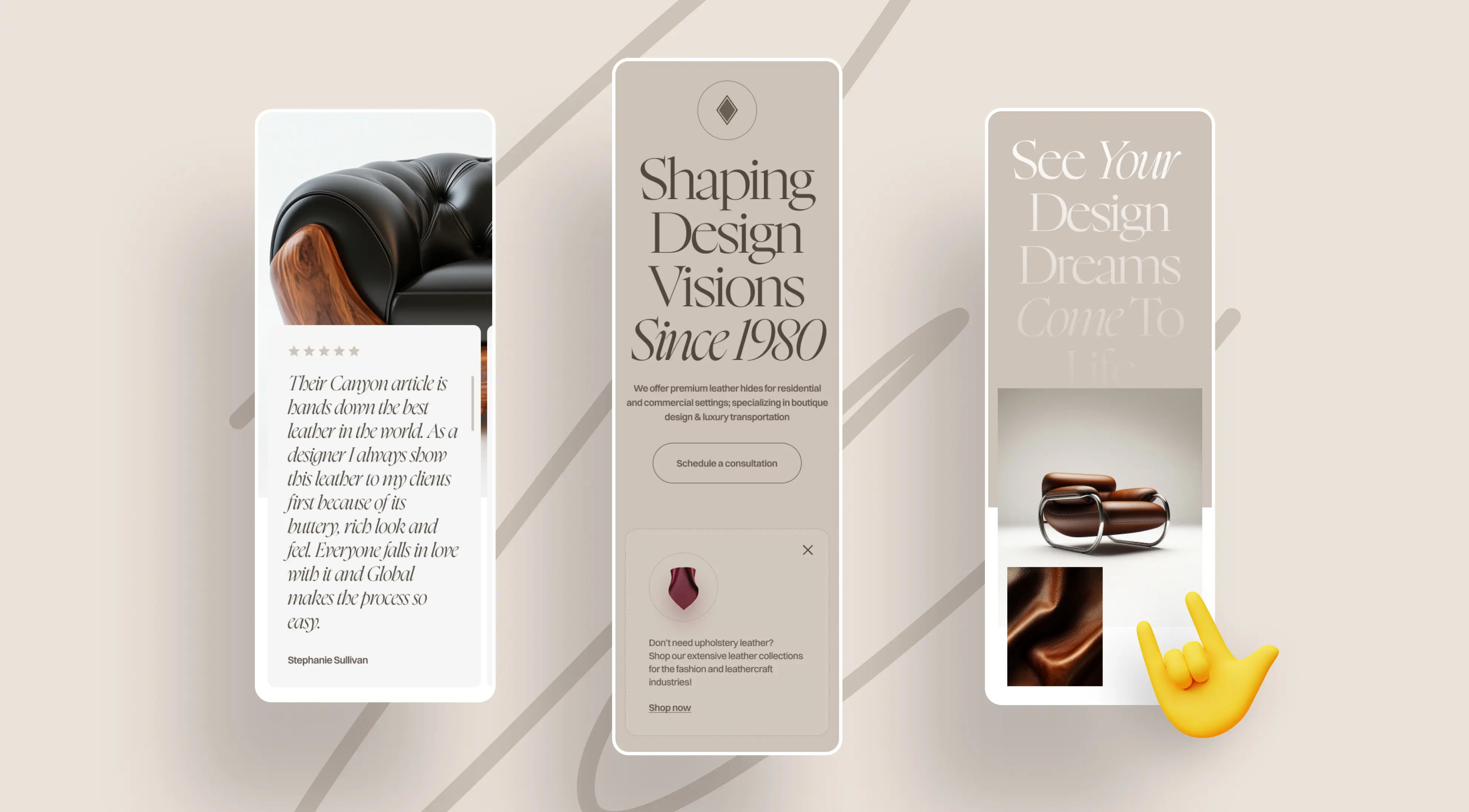 Three mobile screens showcase luxury leather design services, featuring a testimonial, brand information, and options for consultation.