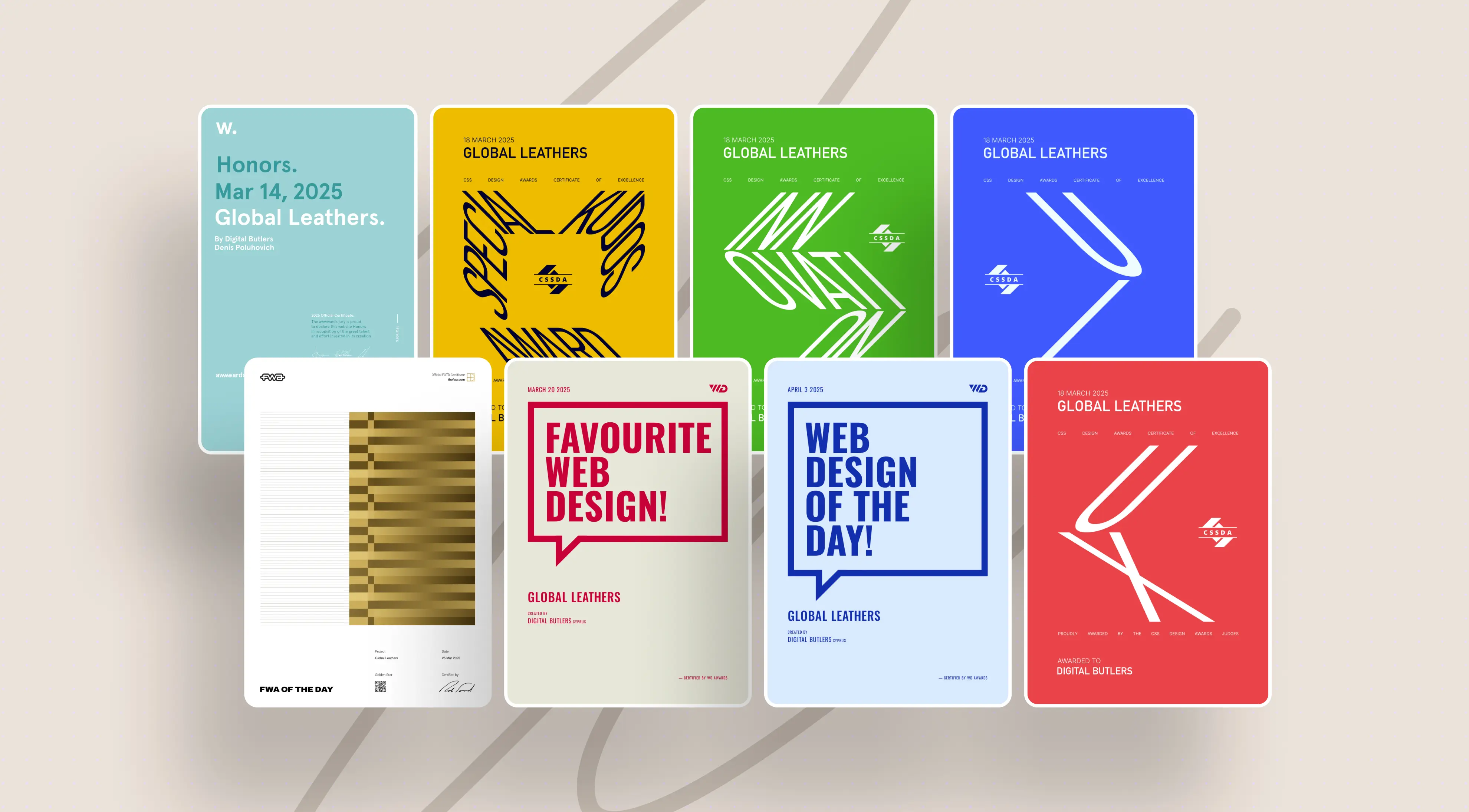 Multiple colorful award certificates featuring "Global Leathers" and "Digital Butlers" for various web design accolades, set against a neutral background.