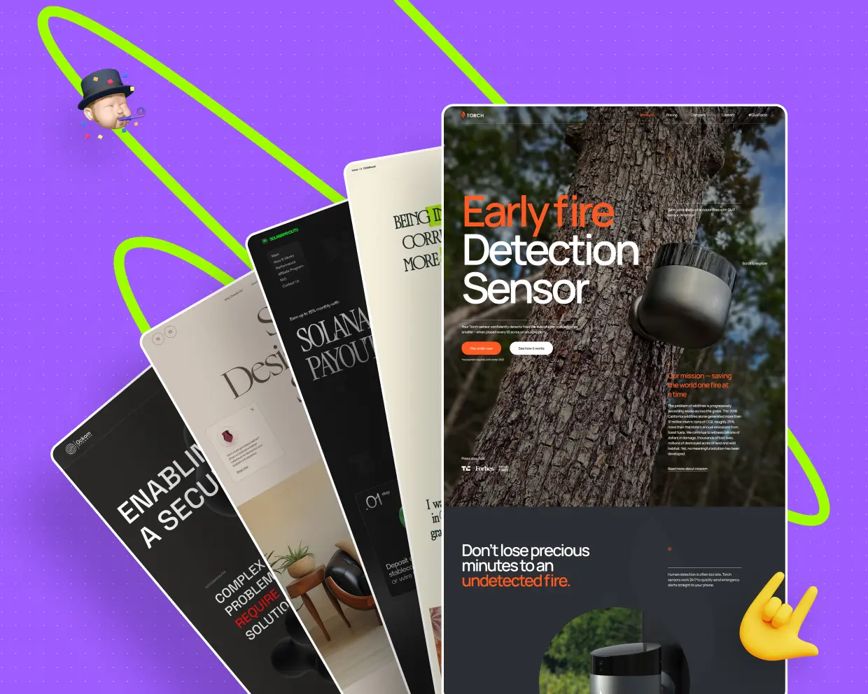 A collection of modern website designs showcasing digital products, including a fire detection sensor mounted on a tree.