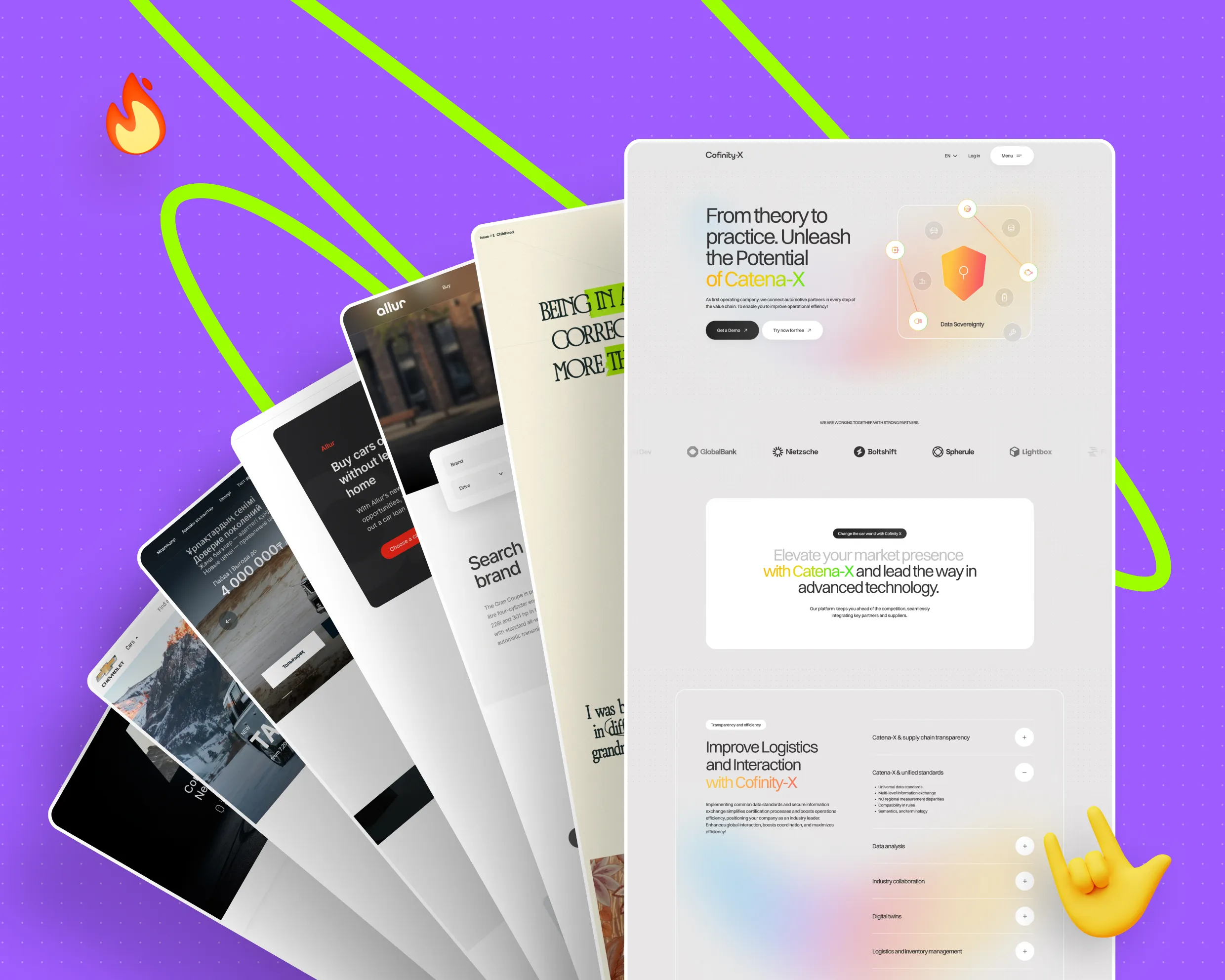 A vibrant digital collage of website designs showcasing the features and potential of Catena-X, set against a purple background.