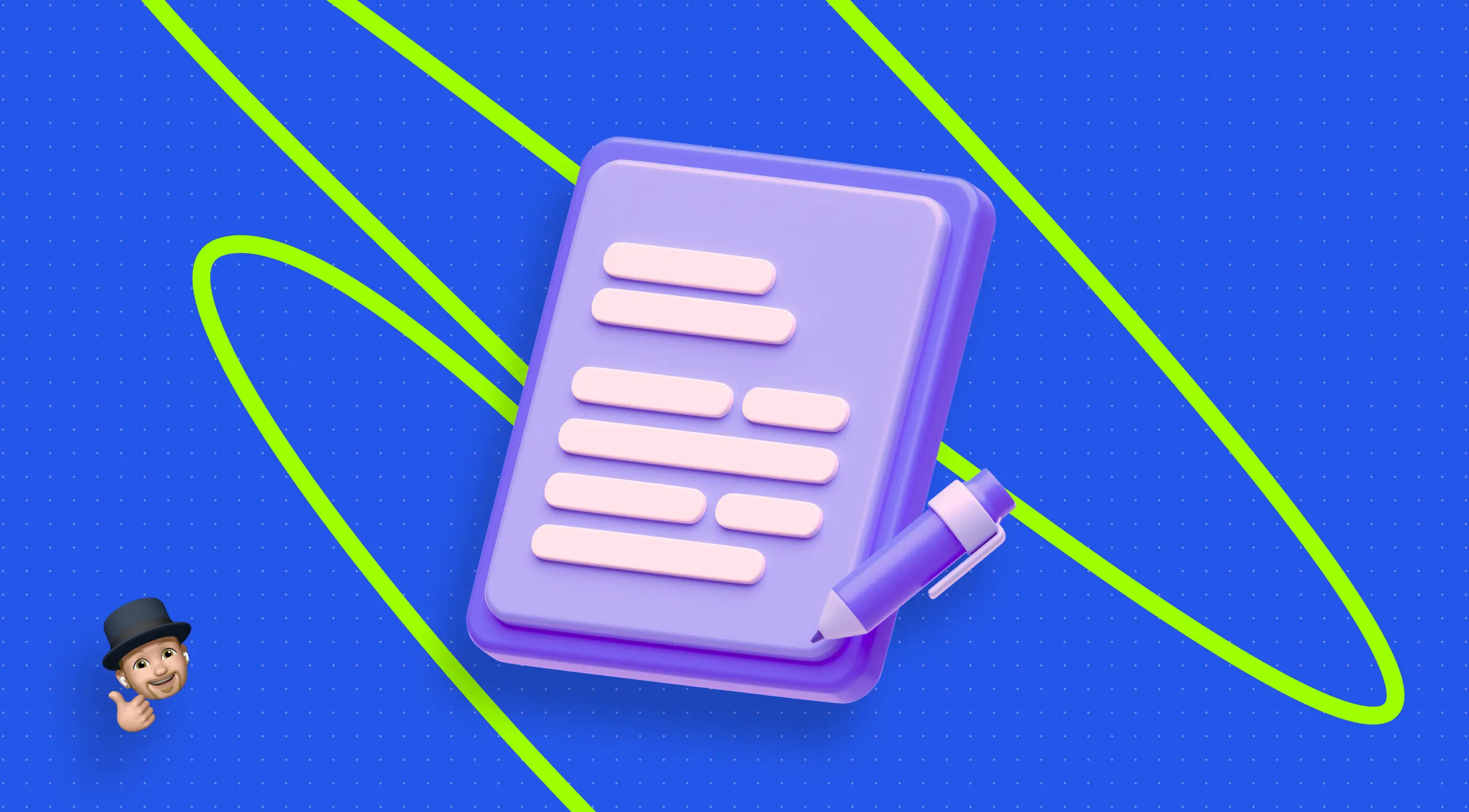 A stylized purple notebook with blank lines and a pen rests on a vibrant blue background, accented by green swooshes.