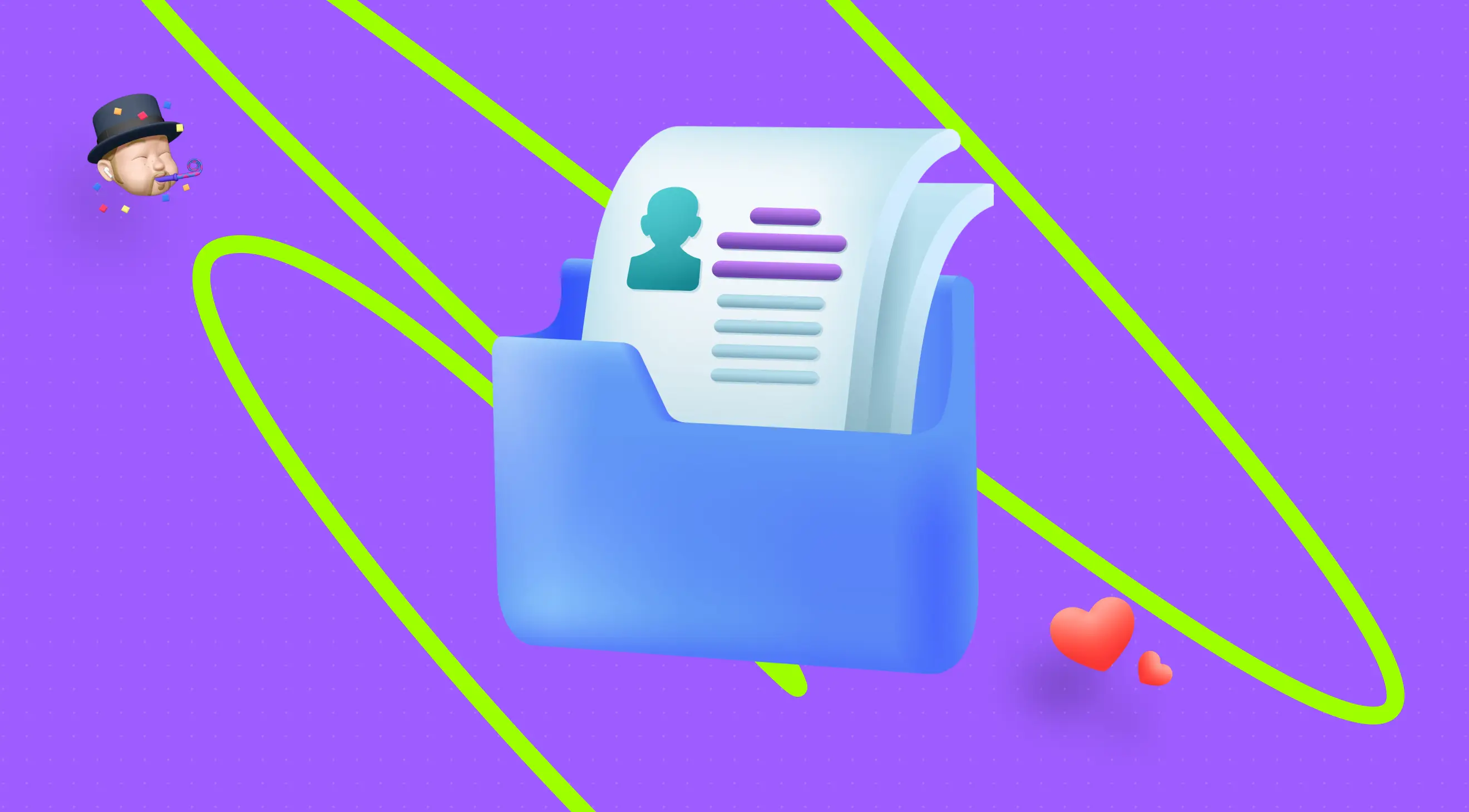 A blue folder containing documents with a profile icon, next to a cartoon avatar wearing a hat and surrounded by confetti, on a dark background with purple lines.