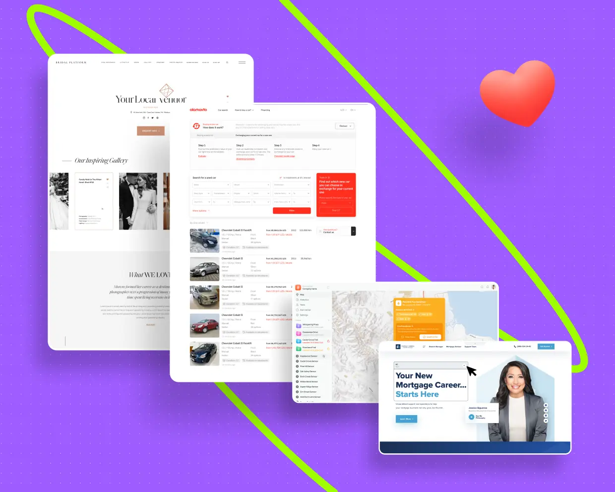 A colorful digital workspace showcasing website designs for wedding vendors, real estate, and mortgage career opportunities.