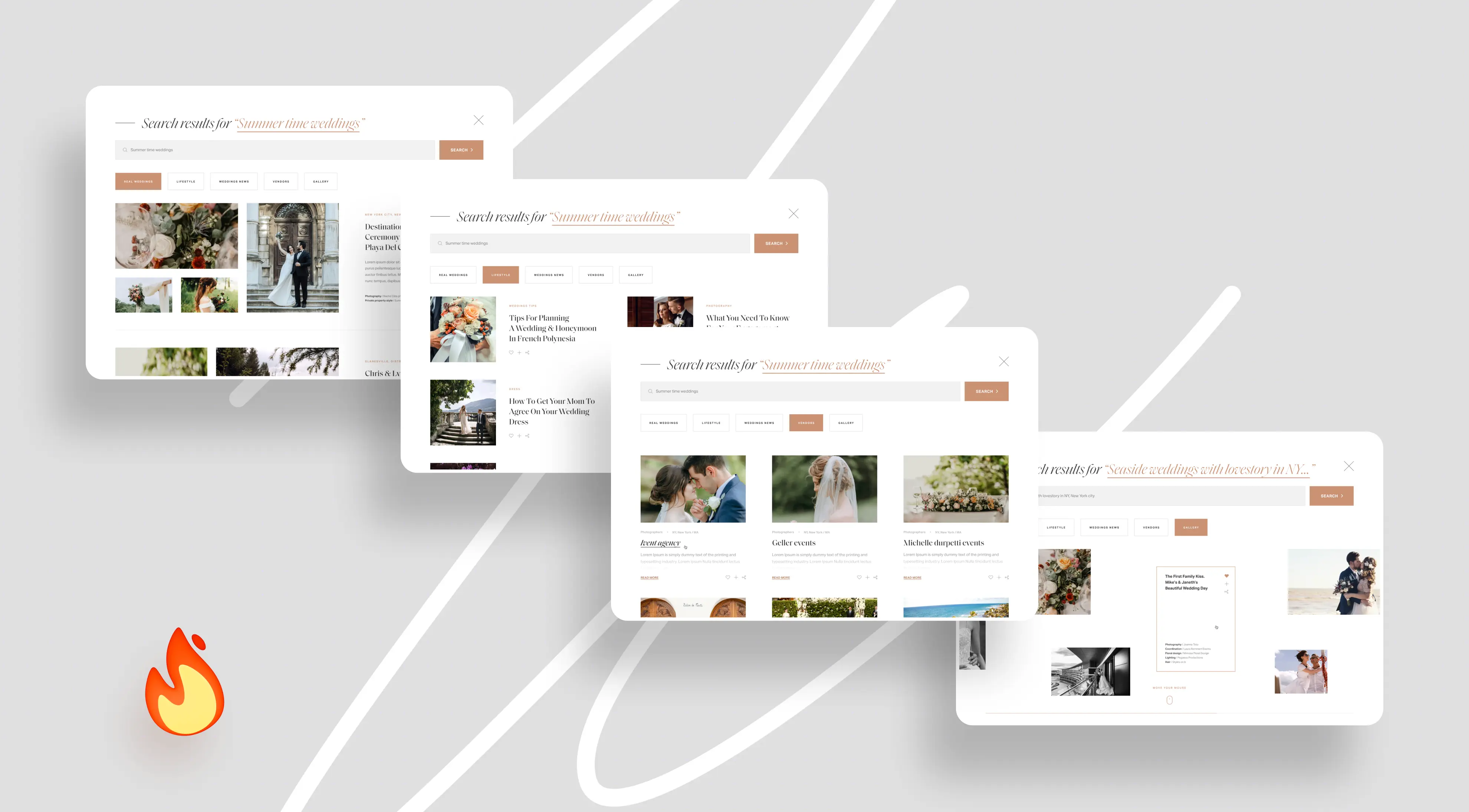 Alt text: "Three overlapping website screenshots on a light gray background depict search results for 'summer line wedding,' featuring images of weddings. A small flame emoji is at the bottom left, suggesting a trending theme. The tone is elegant and modern."
