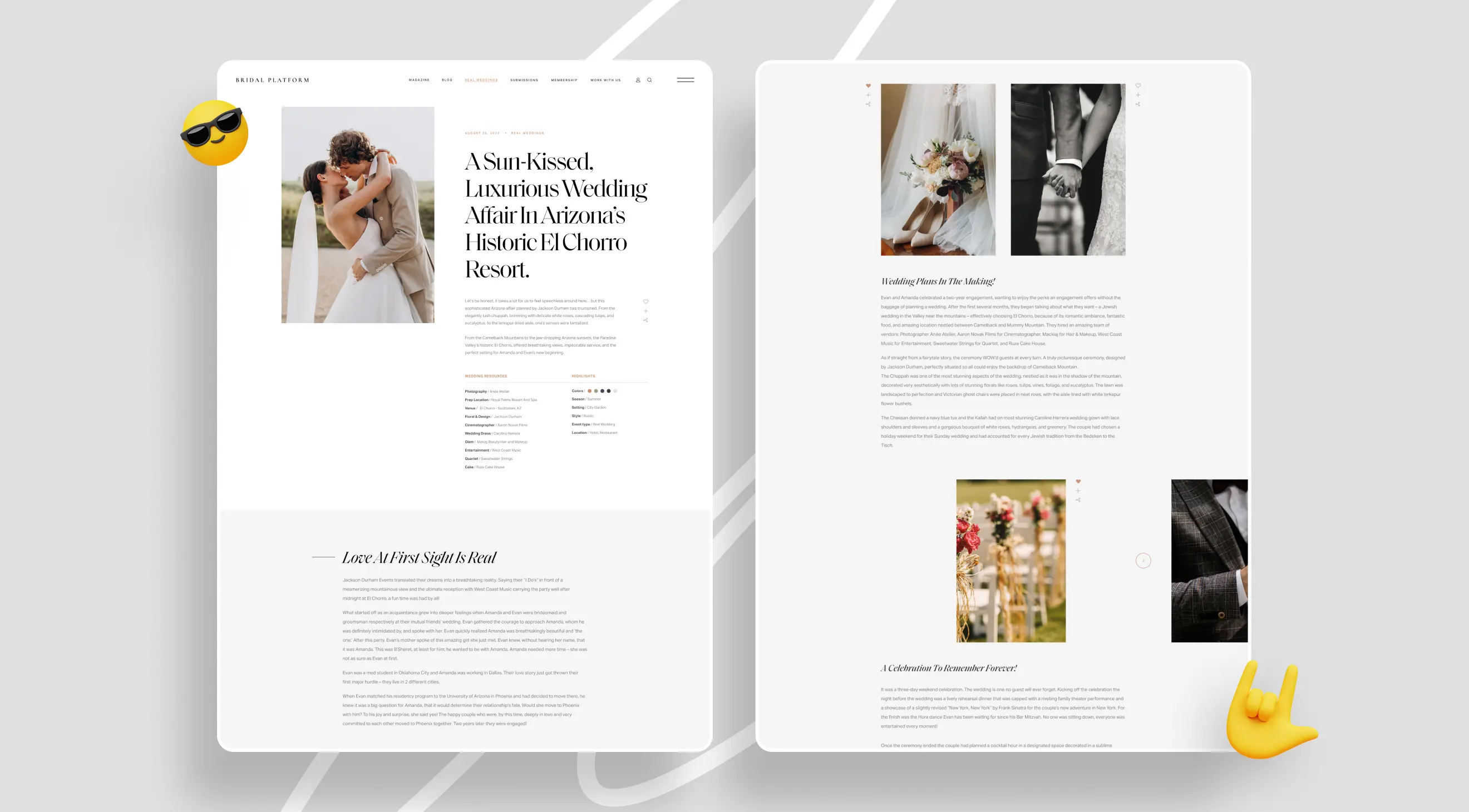 A web design layout featuring a wedding theme with romantic photos and elegant typography. Light background, vibrant images, and playful emojis enhance the joyful tone.