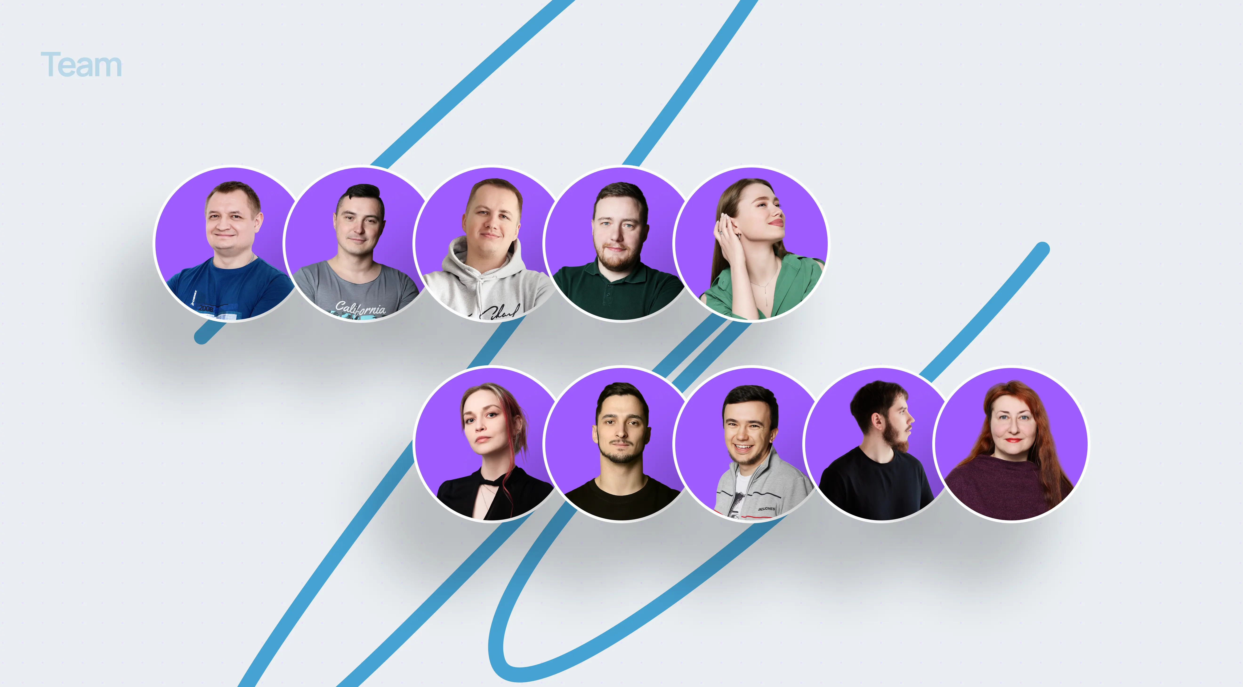 A group portrait of ten diverse individuals in a grid layout against a light blue background. Each person is framed in a circular purple border, conveying teamwork.