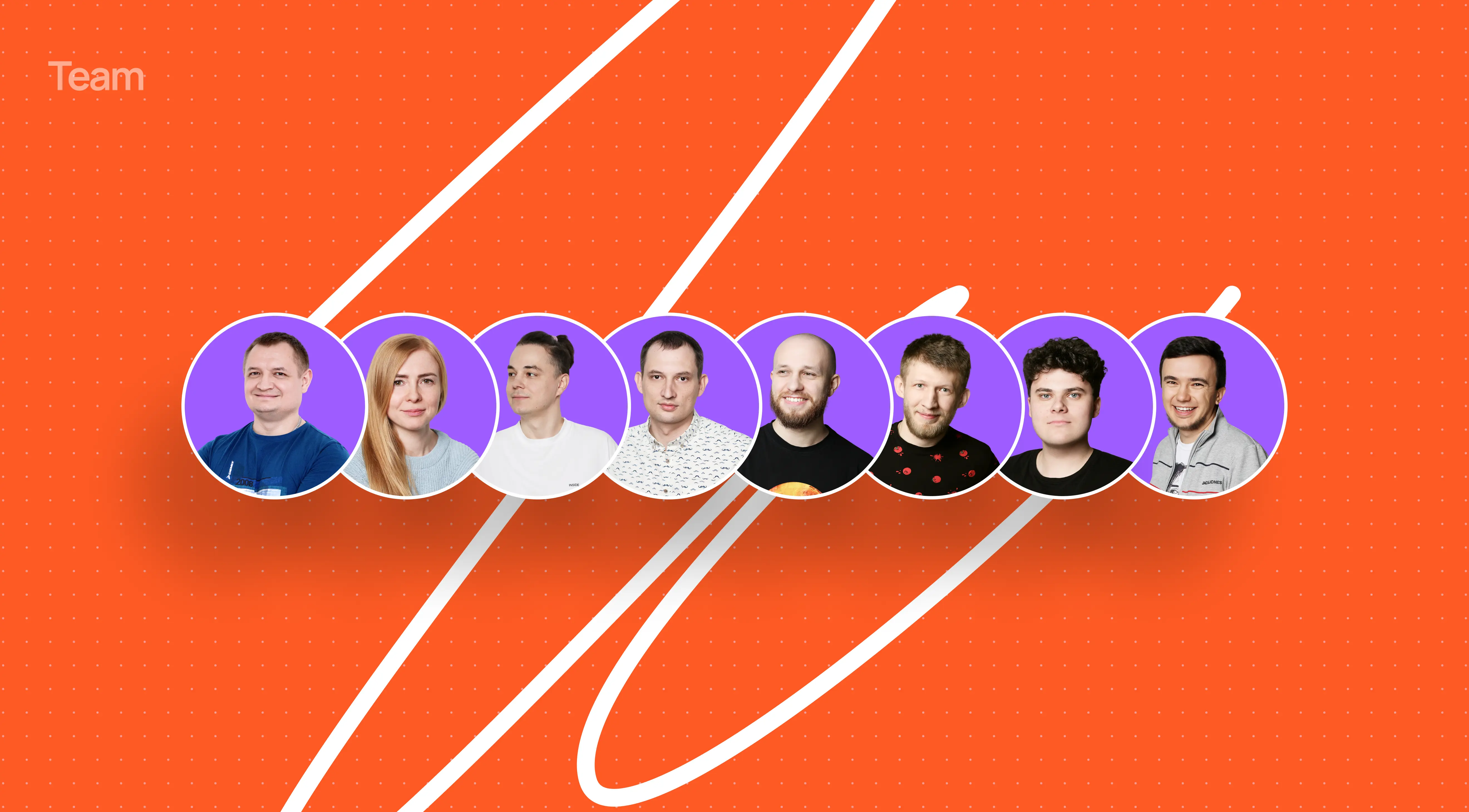 A row of eight diverse team members in circular frames on a vibrant orange background, showcasing unity and collaboration with a modern, energetic vibe.