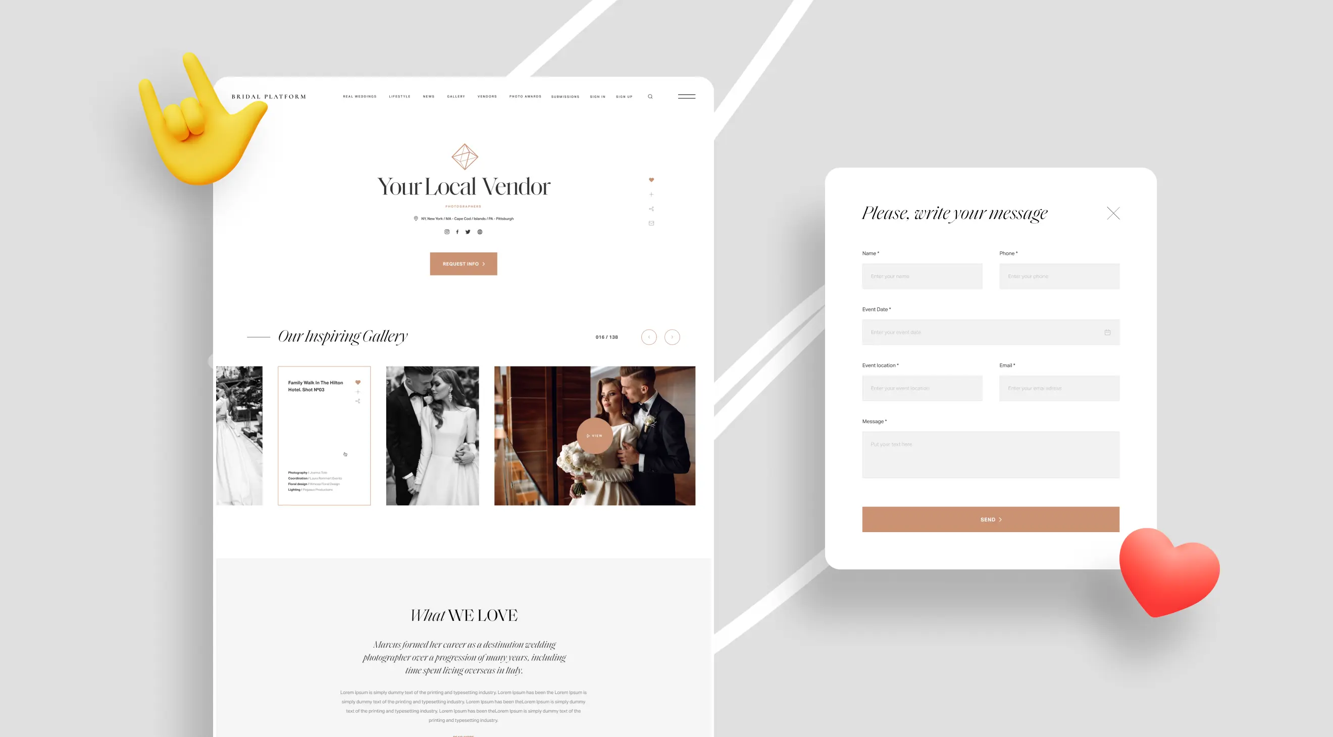 Alt text: "Website design for a local wedding vendor featuring a minimalist layout with elegant typography, gallery of wedding photos, and contact form. A heart and hand gesture emoji add a playful tone on a light gray background."