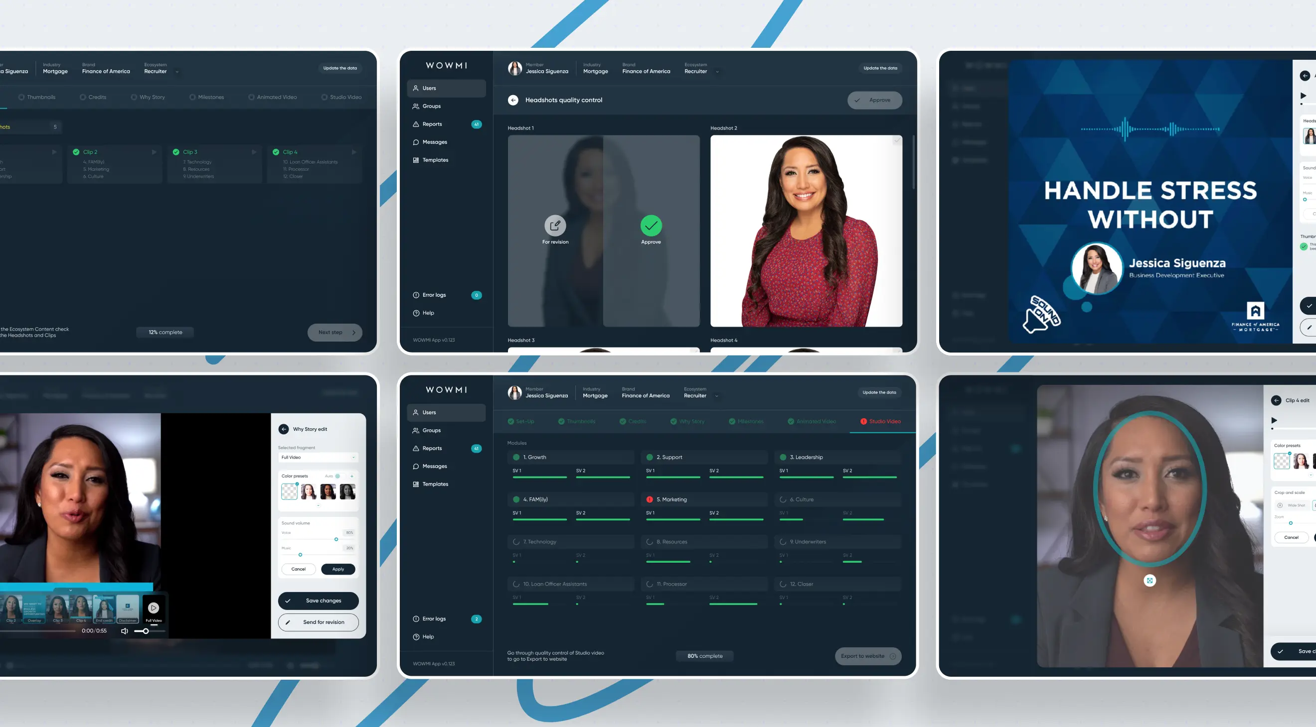 A six-panel interface showcases a video call app demo. Screens display video settings, a speaker, stress management tips, and user interface elements.