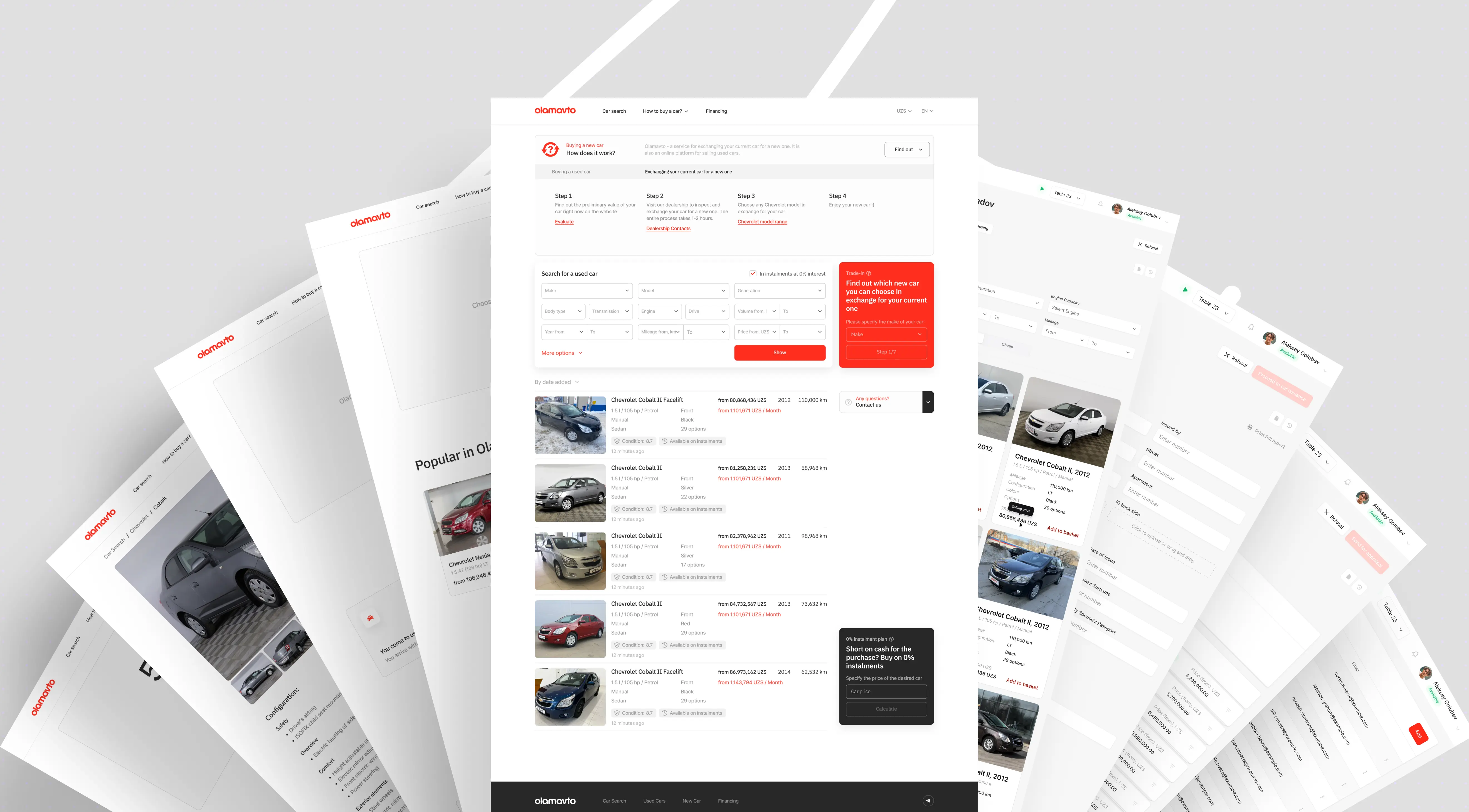 A layered display of website pages showcases a car listing interface with images, prices, and descriptions, exuding a clean, modern, and organized design.