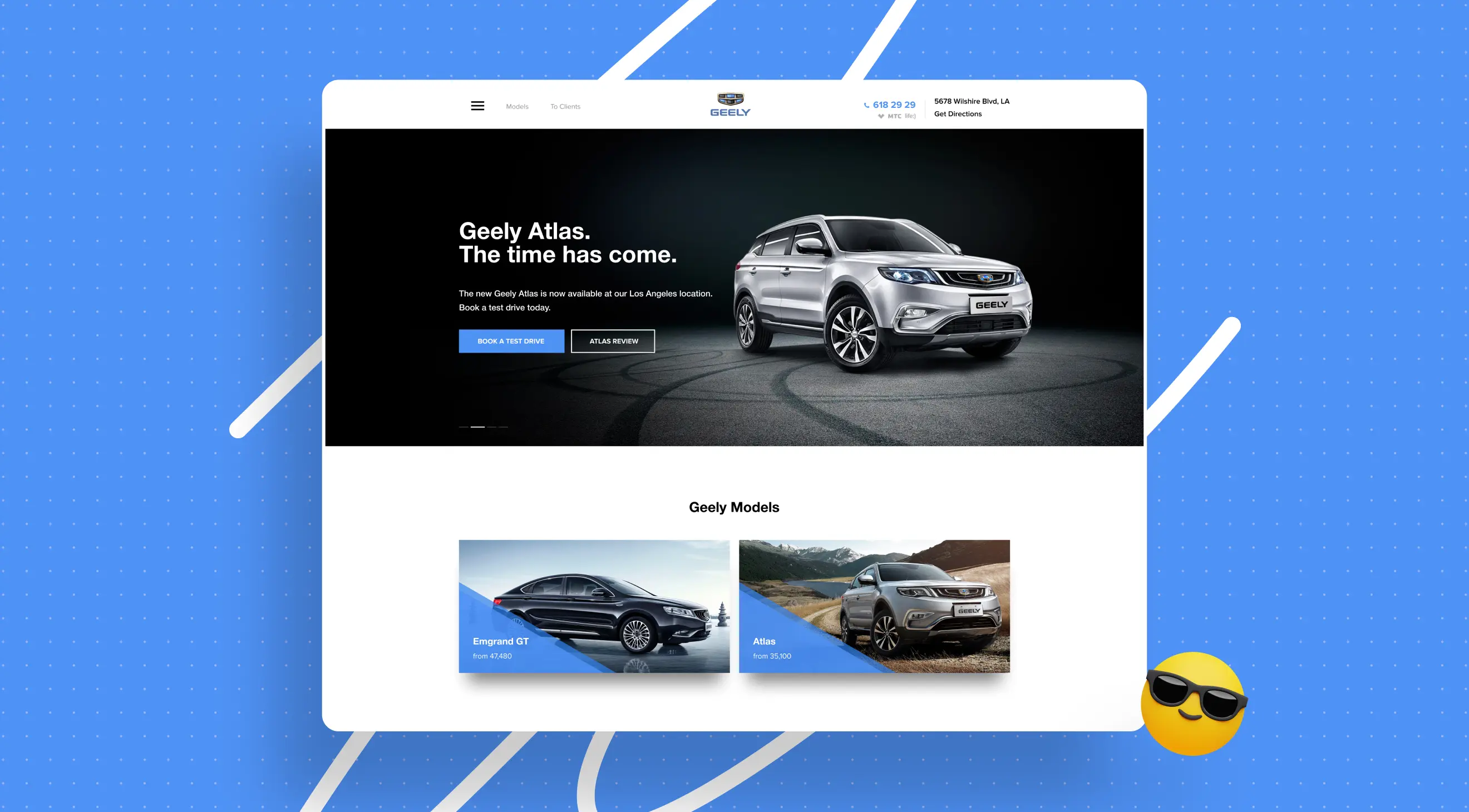 A sleek silver Geely Atlas showcased on a modern website, promoting test drives and featuring the Geely model range in Belarus.