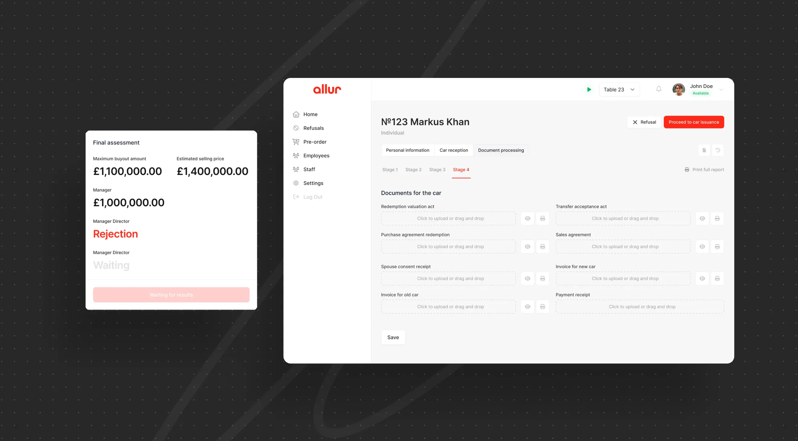 Alt text: "A software interface with two panels on a dark dotted background. The left panel shows financial figures and a 'Rejection' status in red. The right panel lists steps for document processing under the header '№123 Ivan Ivanovich Tokarev,' with navigation and task buttons."