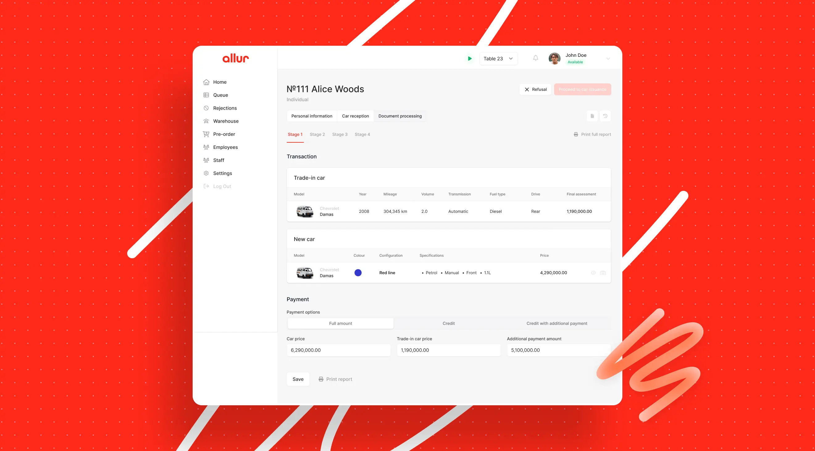 An interface showing a car transaction for Alice Woods, detailing a trade-in and a new car purchase with payment options.