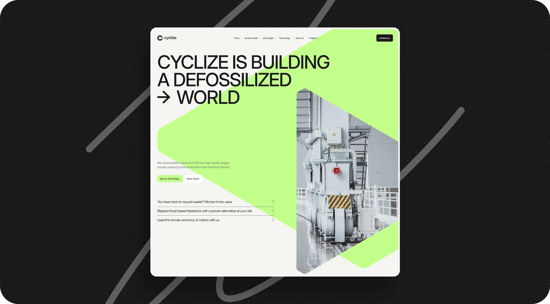 Cyclize's website showcasing their innovative technology for recycling plastic waste and reducing carbon emissions in the chemical industry.
