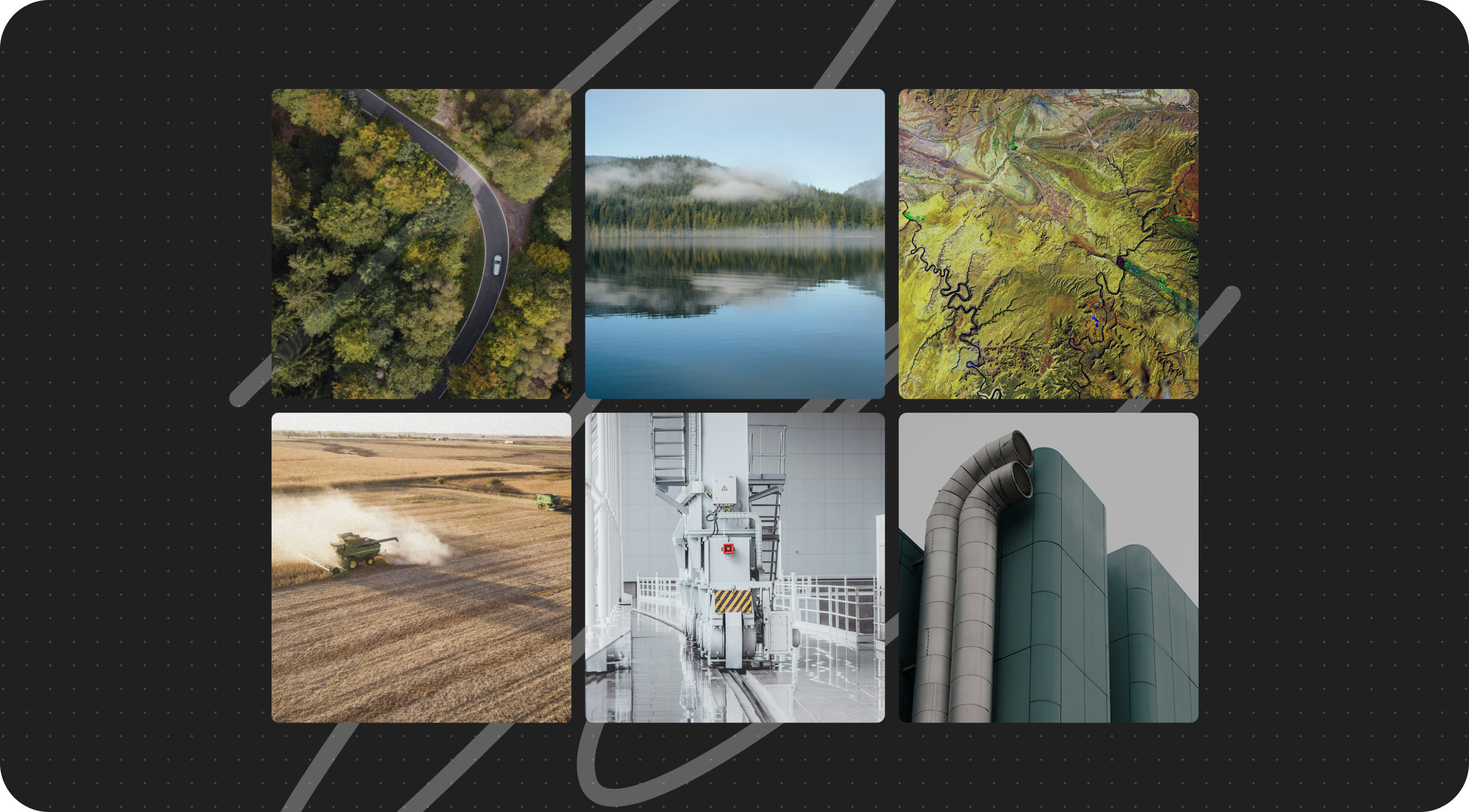 Six images: aerial road in forest, misty lake with trees, colorful landscape map, farm machinery harvesting, industrial machine indoors, and modern building with large pipes.
