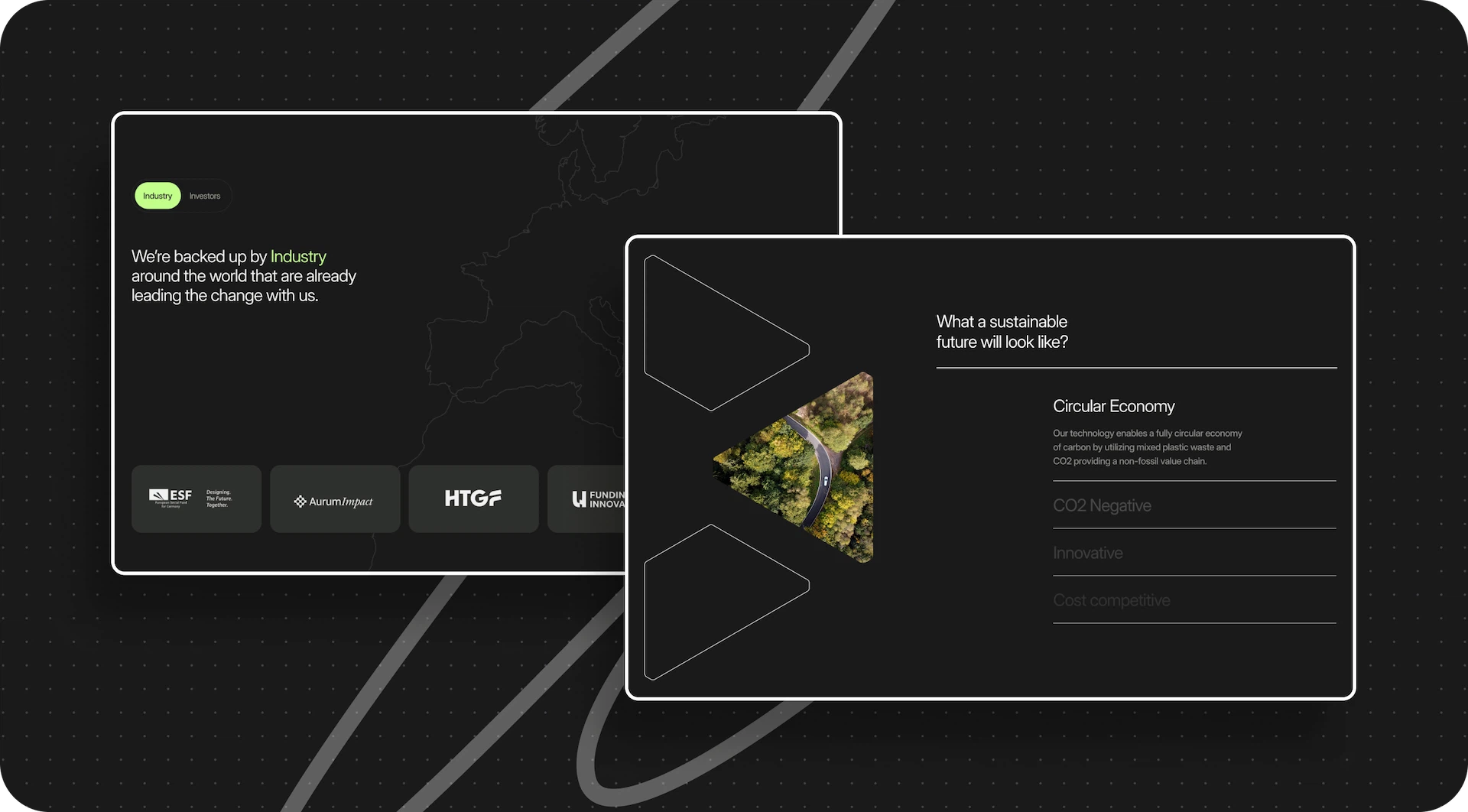 Two dark-themed presentation slides showing industry support logos and concepts of a sustainable future with a circular economy and CO2 reduction.