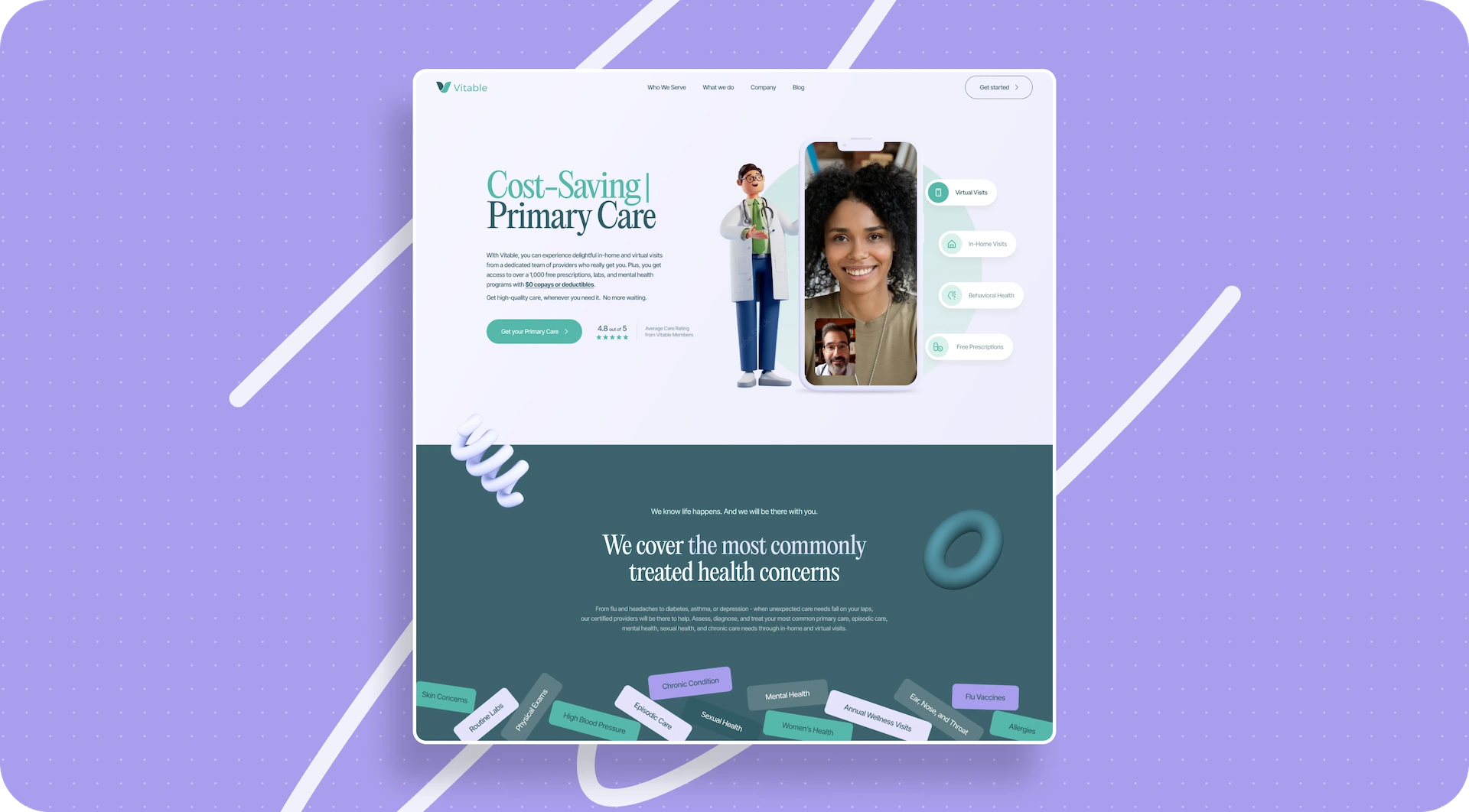 Screenshot of a healthcare website promoting cost-saving primary care, with an image of a doctor, a video call featuring a patient, and lists of common health concerns treated.