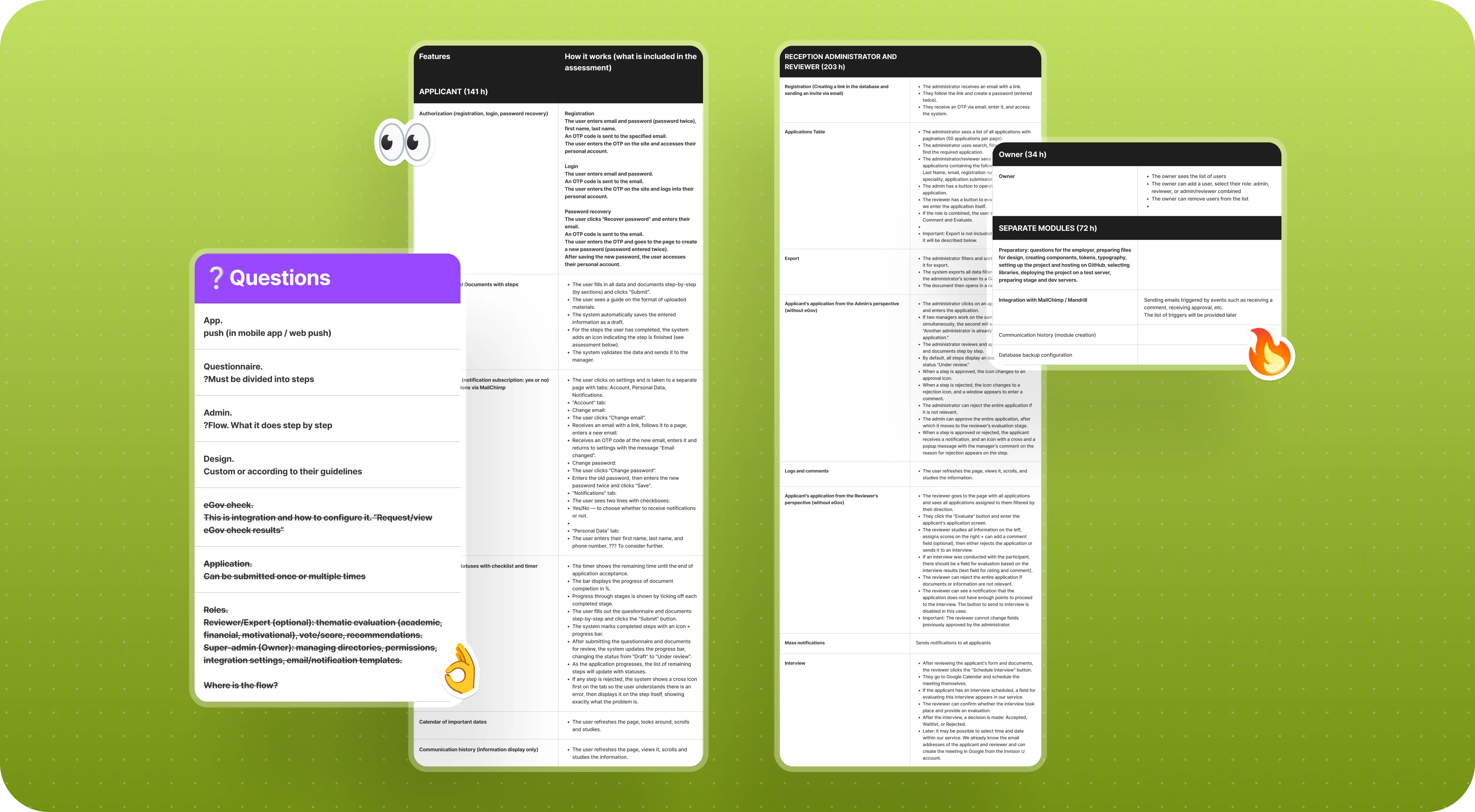 Green background with four overlapping documents. A purple question prompt with eyes and thumbs-up emoji overlaps white text documents, conveying search or FAQ theme.