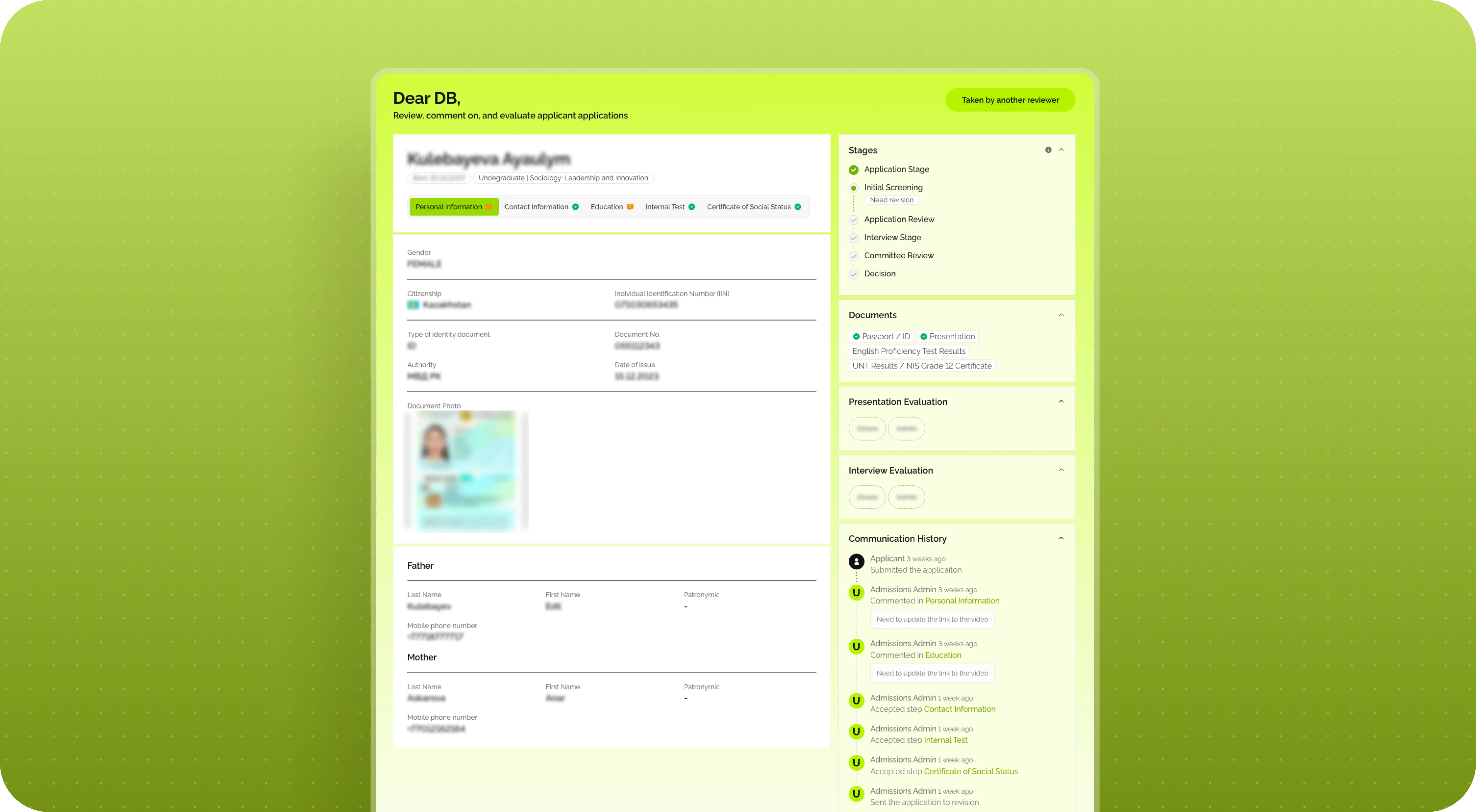 A bright green-toned webpage displays a user profile with personal details and a blurred ID image. A sidebar lists stages and communication history.