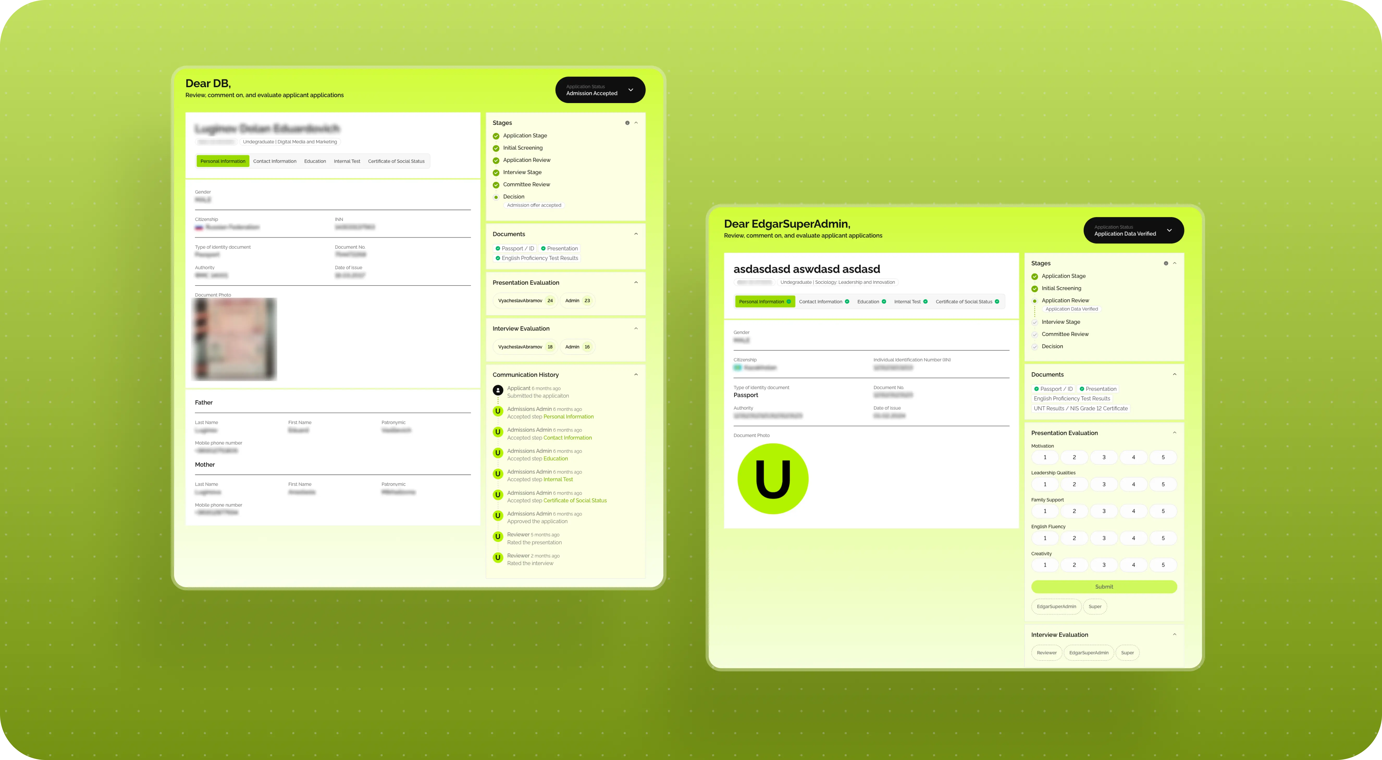 Two green-themed user interface screens on a light green gradient background. Each screen displays text fields, buttons, and profile information, creating a modern, minimalist look.