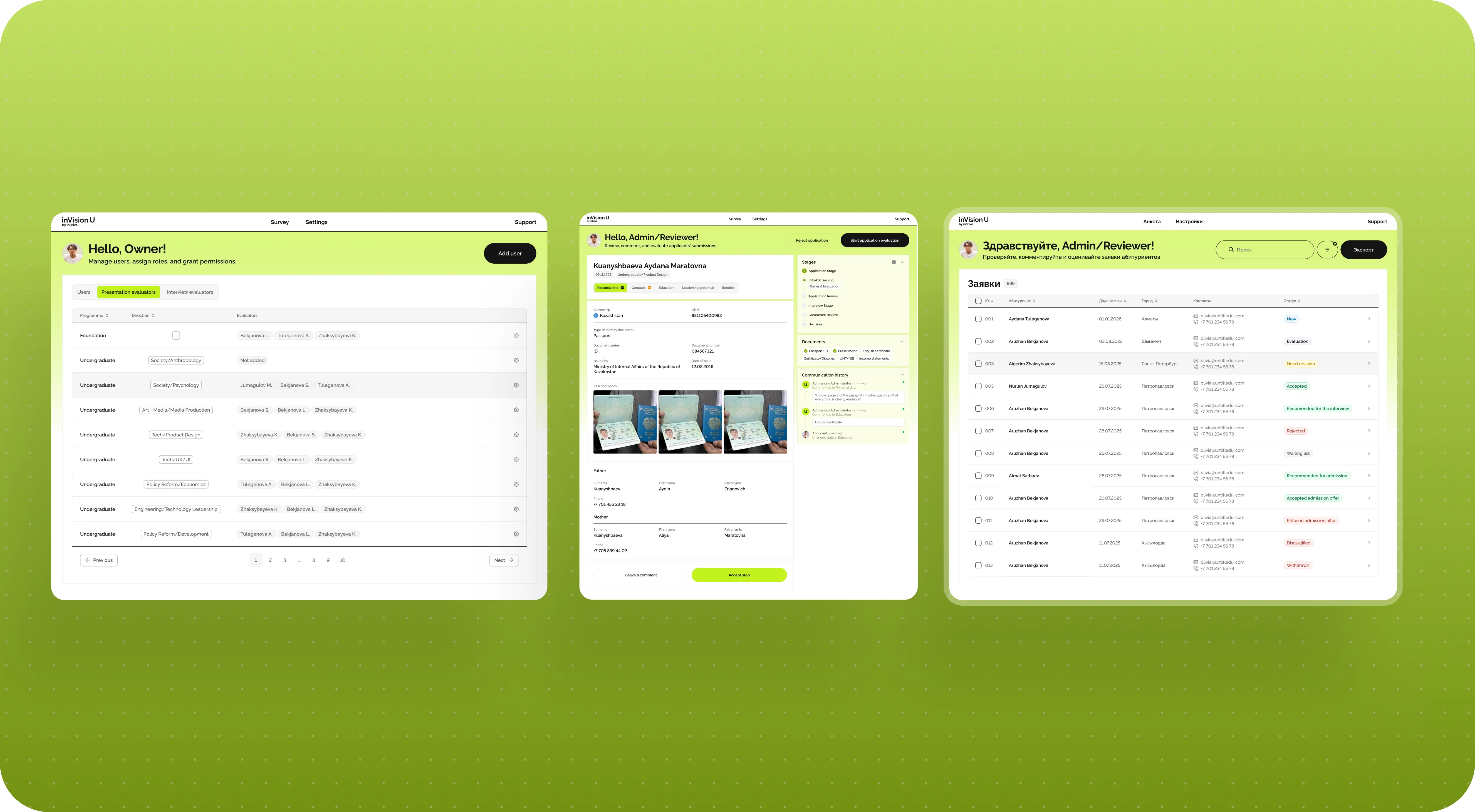 Three app dashboard screens are shown against a lime green background. Each screen displays tables, images, and text fields for user interaction.