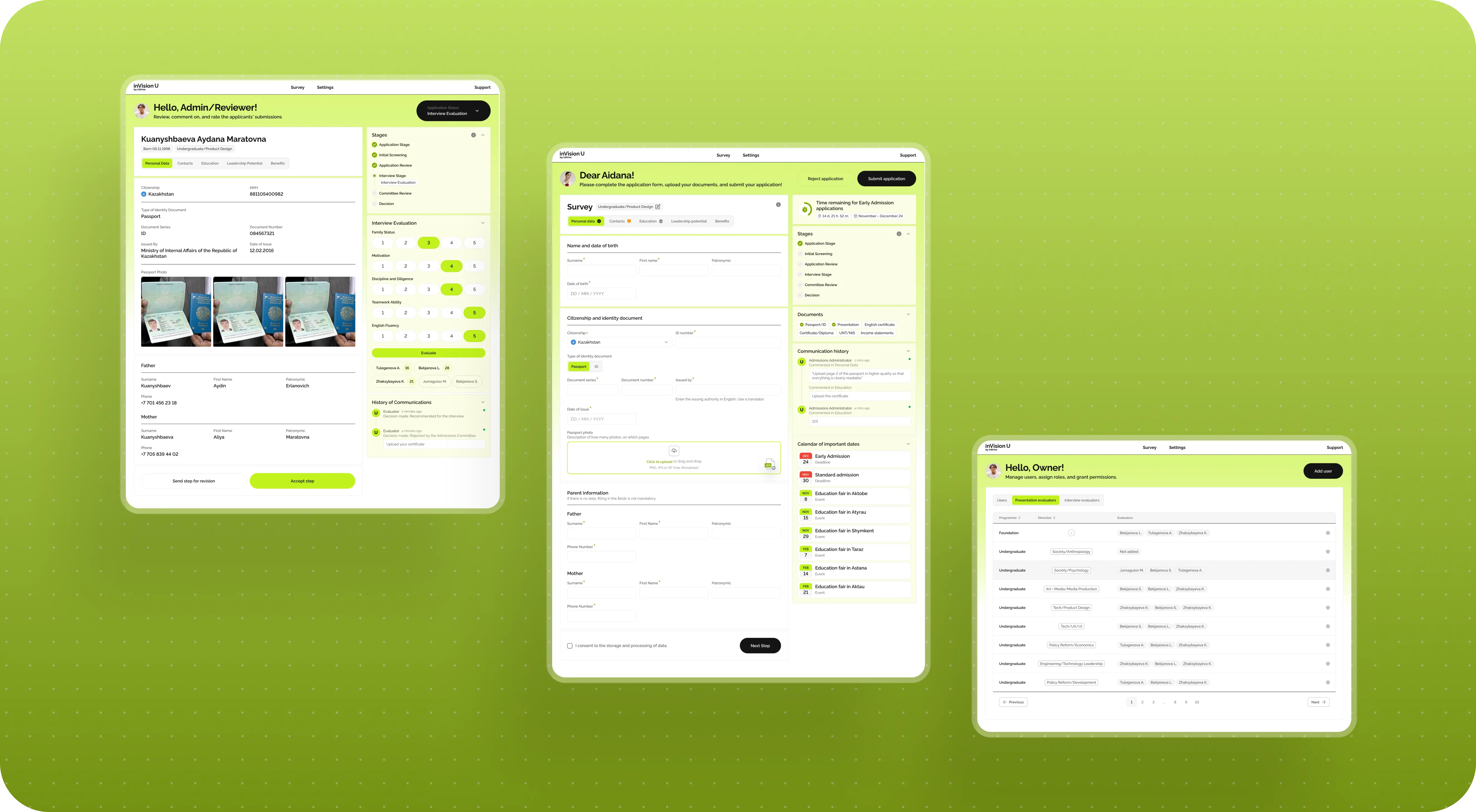 Three lime green digital screens showcasing a software interface with text fields, images, and data tables, conveying a tech-focused tone.