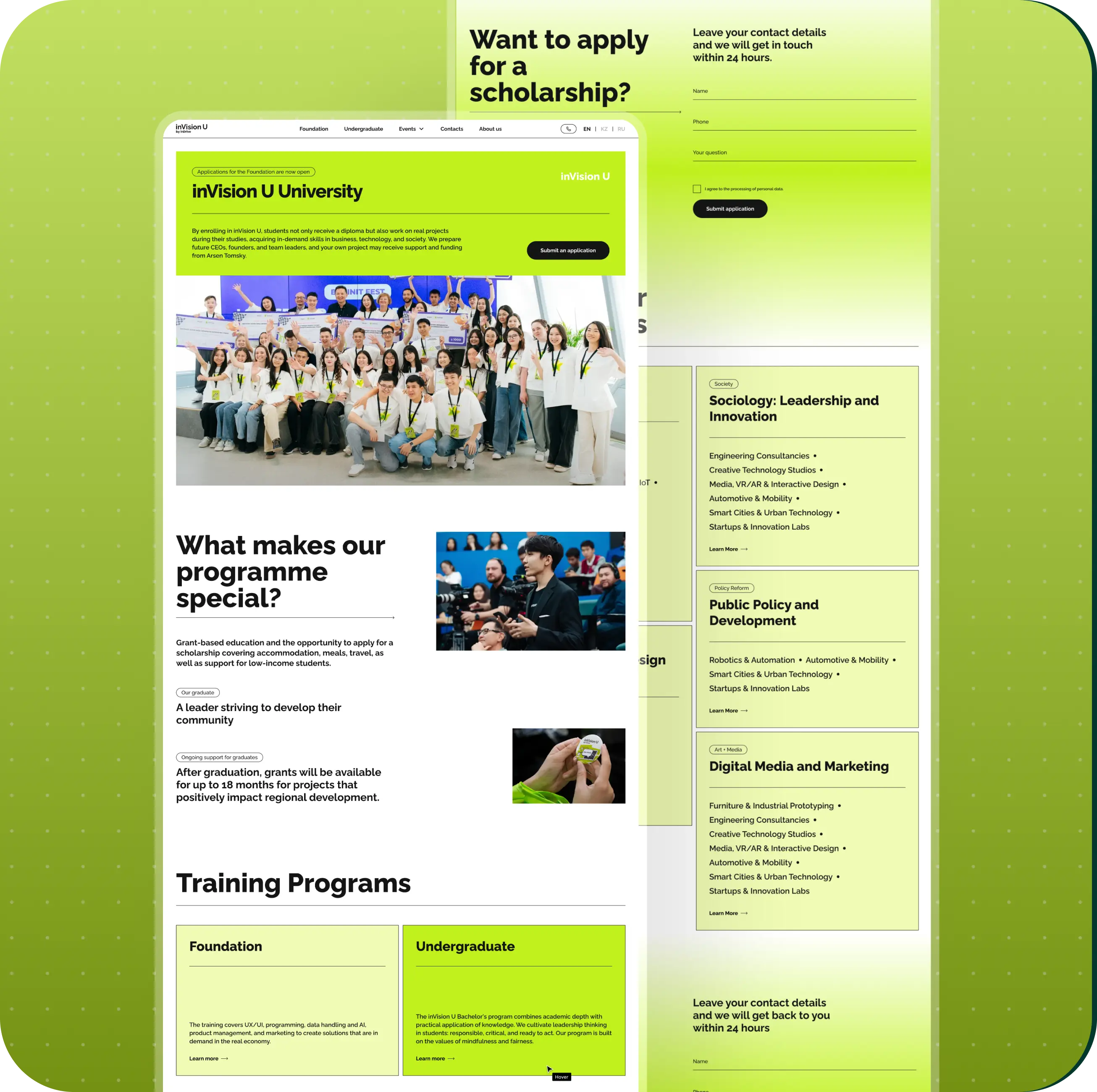 Alt text: 'Webpage for inVision U University featuring a group photo of students, program highlights, scholarship information, and training programs in various fields. The tone is informative and inviting, with emphasis on opportunities and community devel