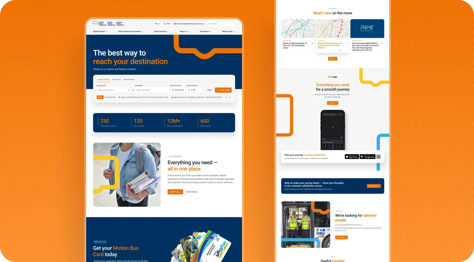 Two long Cyprus Public Transport homepage screenshots side by side, showing the Journey Planner hero, network stats, school info, news, PameApp promo, and careers blocks on an orange background.