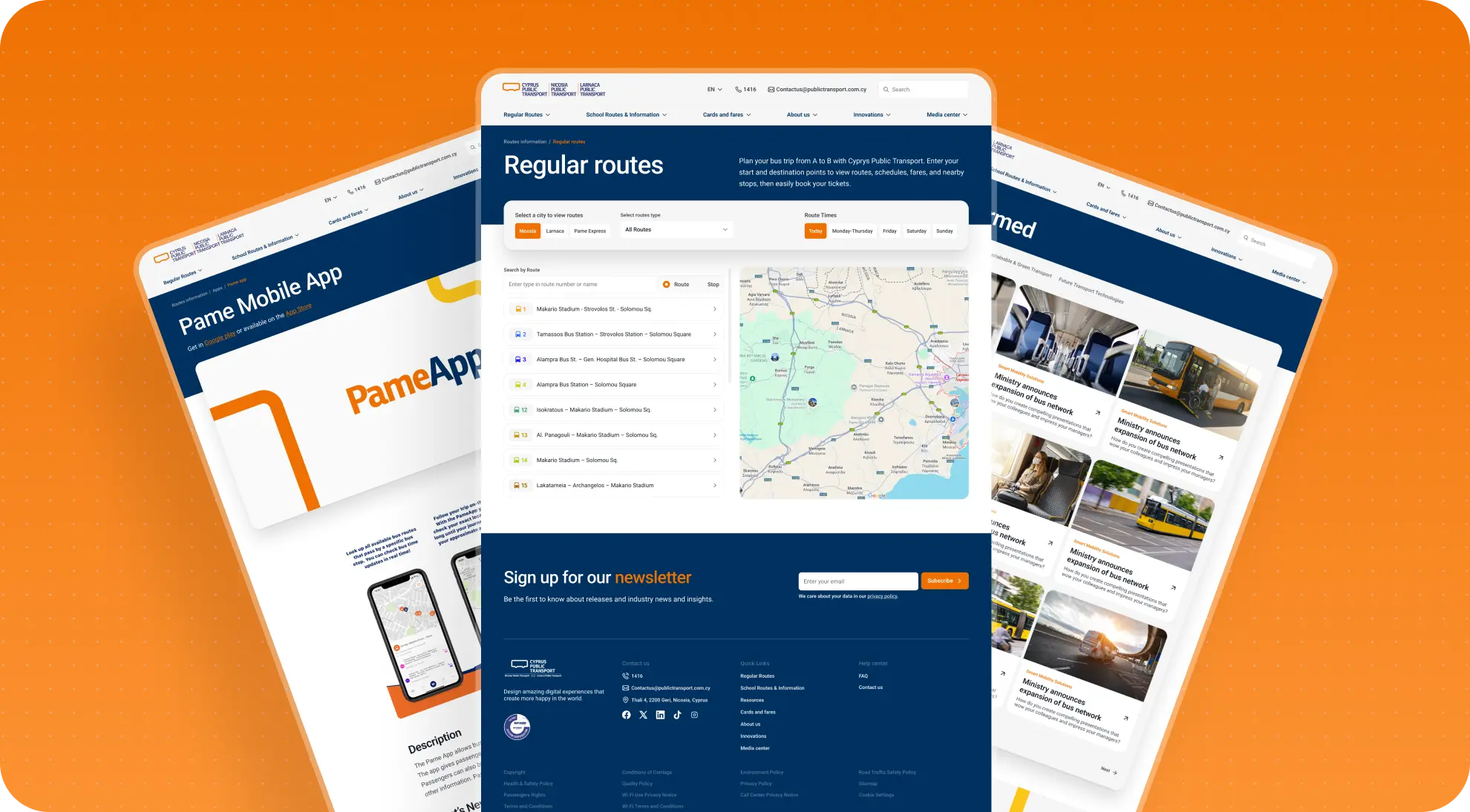 Three overlapping CPT website screenshots: Regular routes with a searchable list and map, the Pame Mobile App page, and a news articles grid.