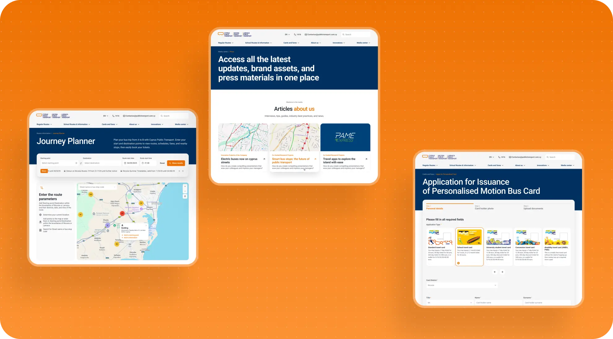 Three CPT screenshots: Journey Planner with a map, a media and press materials page, and the personalized Motion Bus Card application form.
