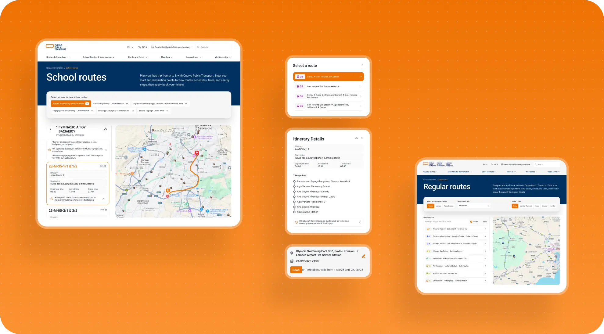 Five CPT UI pieces: School routes page, Select a route dropdown, Itinerary Details card, timetable notice, and Regular routes with a map.